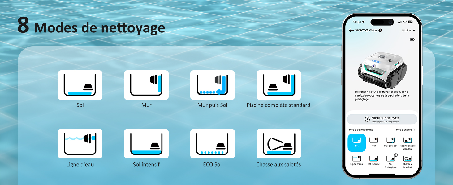 Smartphone affichant une application de contrôle pour un robot nettoyeur de piscine. Huit icônes de mode de nettoyage sont affichées, y compris l'escalade sur un mur et la ligne de flottaison. Le texte « 8 modes de nettoyage » est visible.