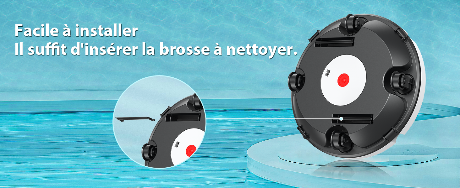 Appareil circulaire noir avec point rouge, représenté flottant sur l'eau. L'image incrustée montre l'insertion d'un pinceau. Le texte indique une installation facile en français.