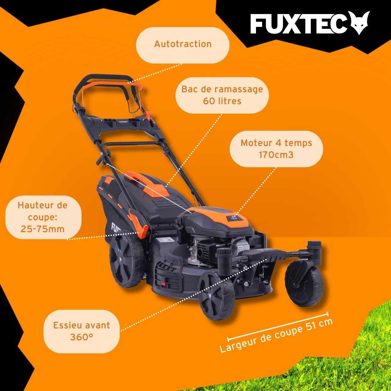 FUXTEC Tondeuse à Gazon Thermique 4 en 1 avec Roues Avant Pivotantes FX-RM5170agile - 2,9kW | Largeur de Coupe 51cm | 25mm-75mm Bac 60L, Mulching & éjection latérale