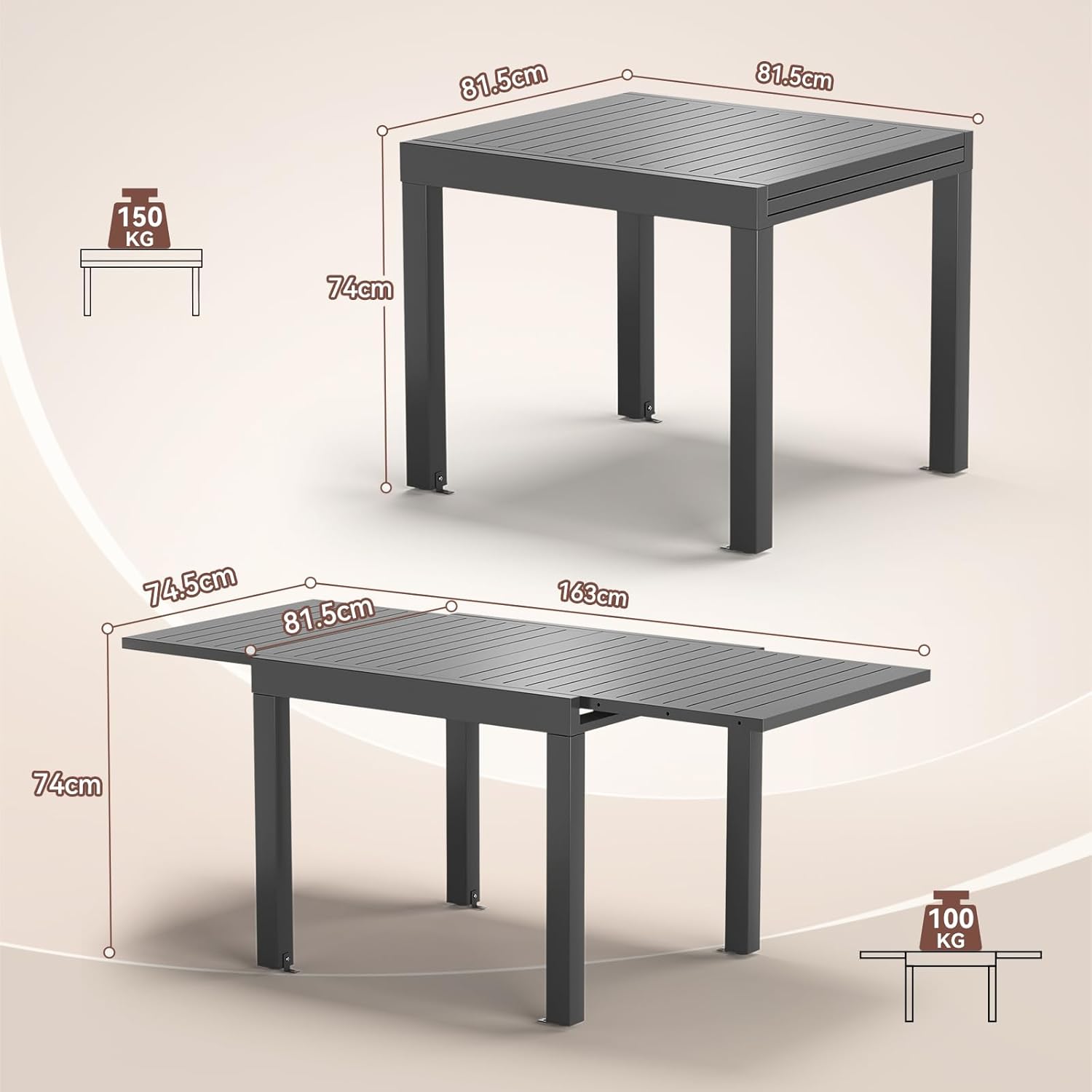 JUMMICO - Table extensible 163x80cm - Aluminium, résistante, facile à nettoyer