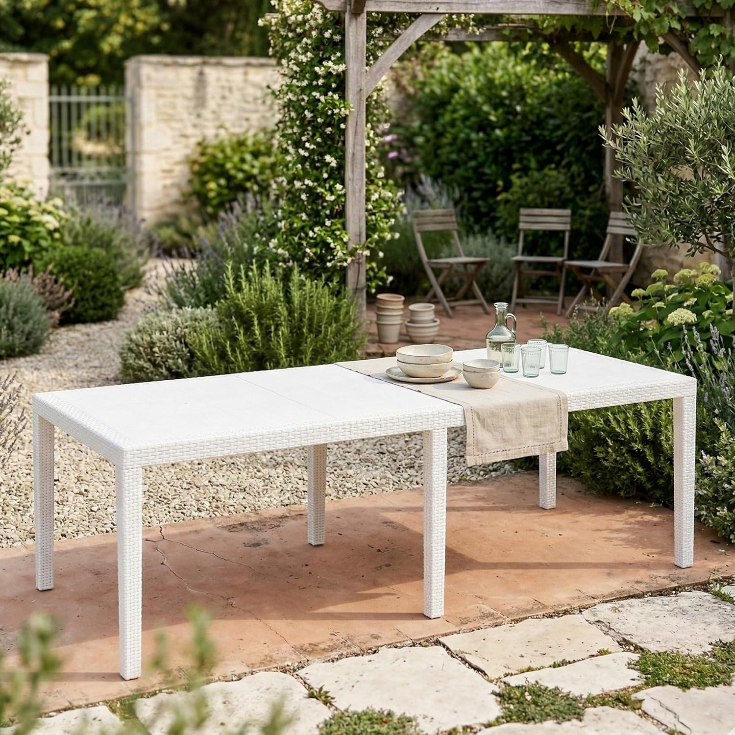 Dmora - Roma - 150/220x90x72 cm - table jardin extensible rotin blanc