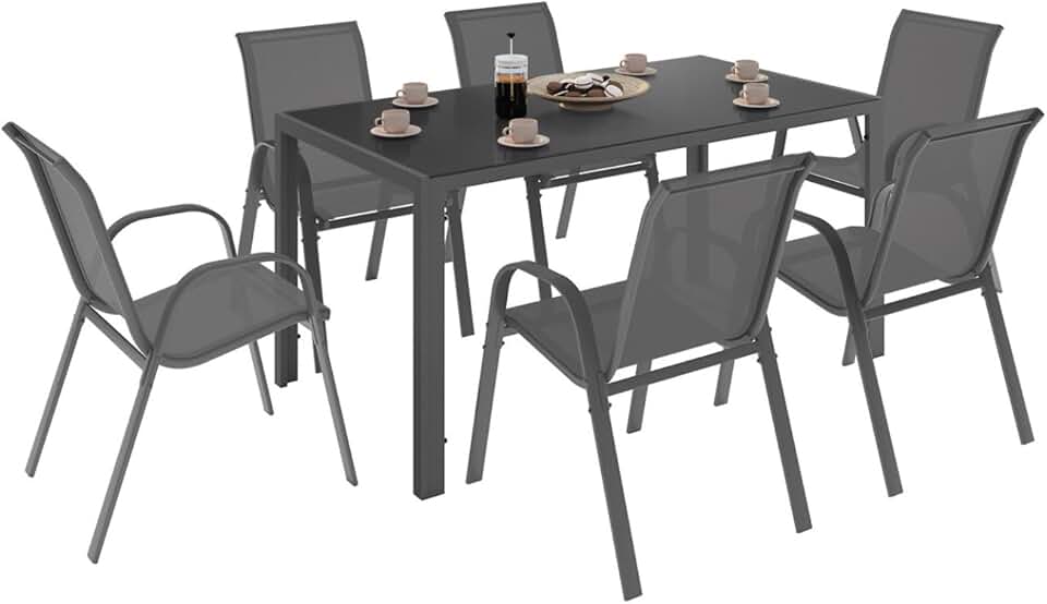 IDMarket - Salon de jardin Madrid 150cm, 6 chaises empilables gris