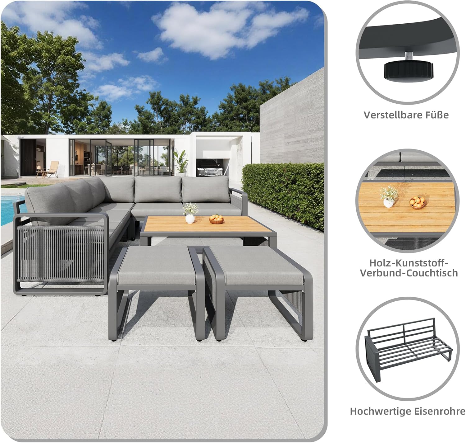 Sapgaks - Ensemble salon jardin corde 6-7 pers, coussins moelleux, pieds réglables, gris