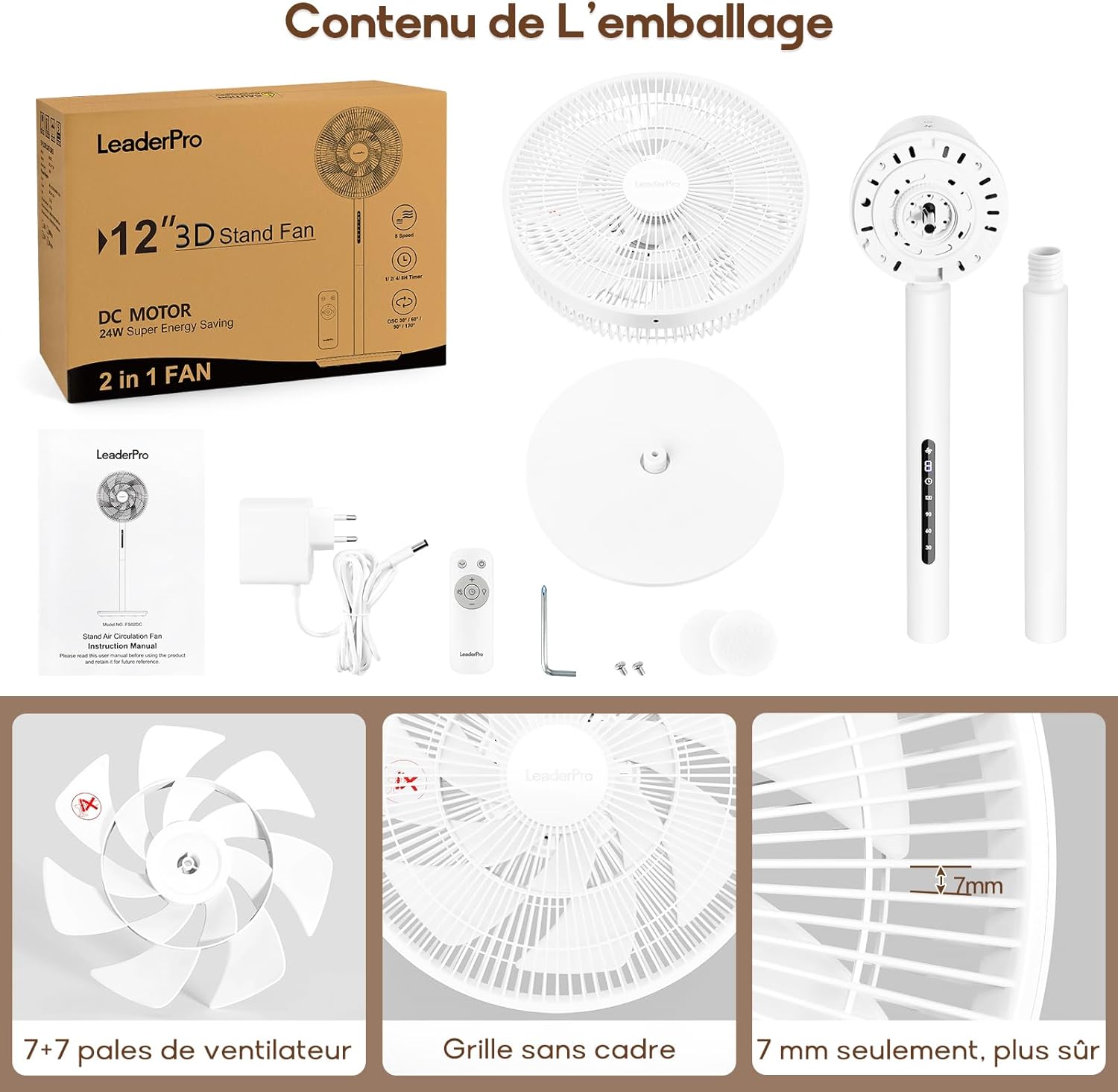 LeaderPro - ventilateur sur pied 120cm - 8 vitesses, télécommande, moteur DC