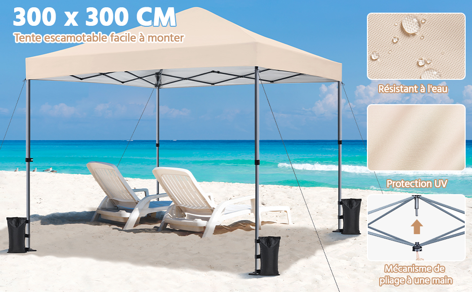 beige 300x300 cm sur la plage. Comprend un tissu résistant à l'eau, une protection UV et un assemblage facile. Deux chaises longues en dessous.