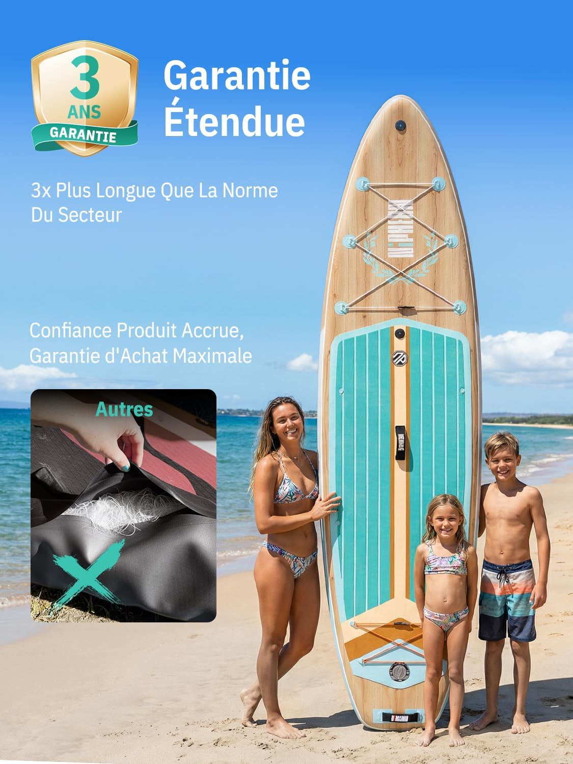 Niphean Extra Large Paddle Gonflable, Sup à 2+1 Personnes/Famille, Planches de Stand Up Paddle Gonflables avec (Idéal Débutant) Aileron Équilibré, Housse Étanche, Paddle Gonflable Adulte, Cadeaux