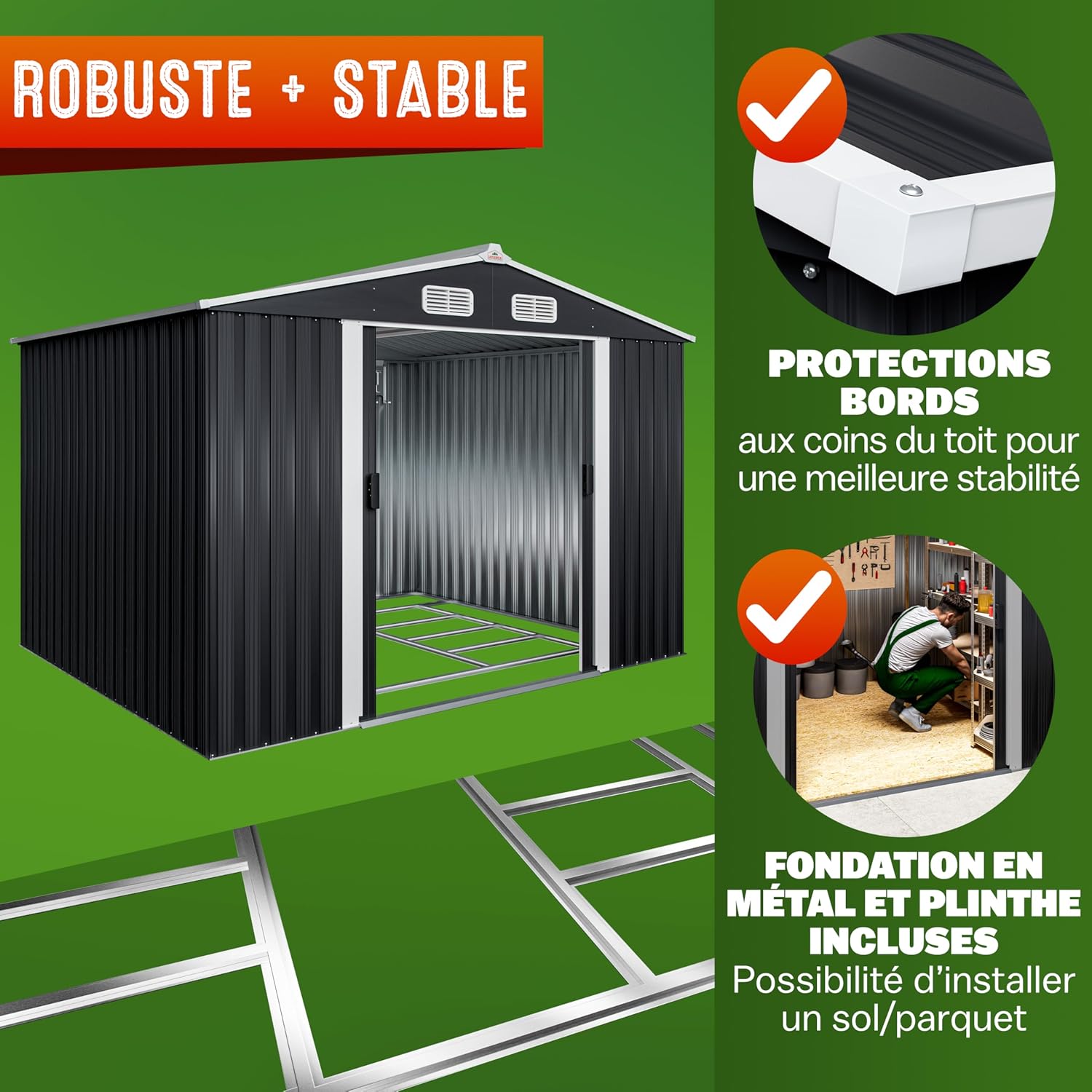 GARDEBRUK - Abri jardin métal XXL - 260x205x180cm - Porte coulissante, fondation, rangement outils -  GARDEBRUK