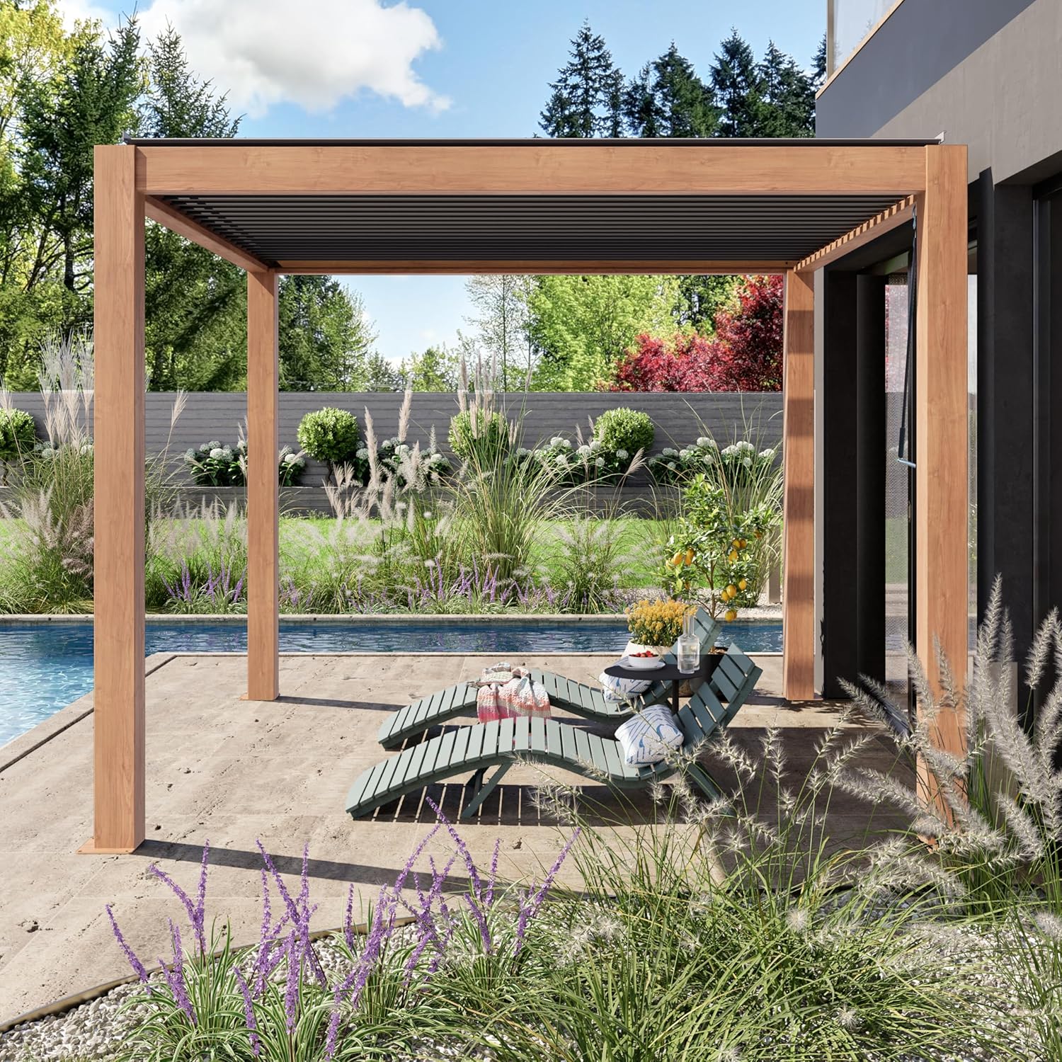 PRIMEYARD - Pergola série aspect bois, 3x3m, lames alu orientables