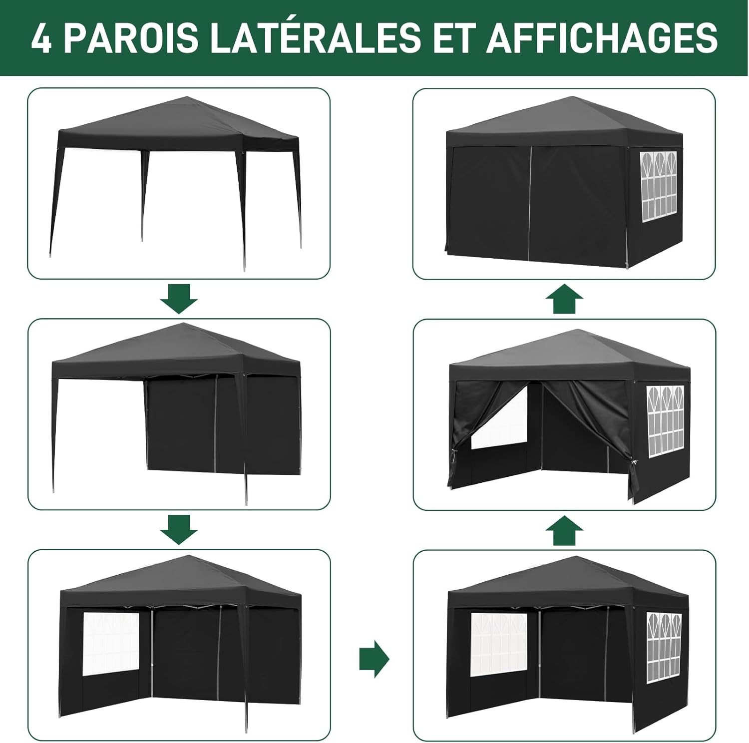 Leadzm - Tonnelle pliante 3x3m, hauteur réglable, UV50+, 4 côtés
