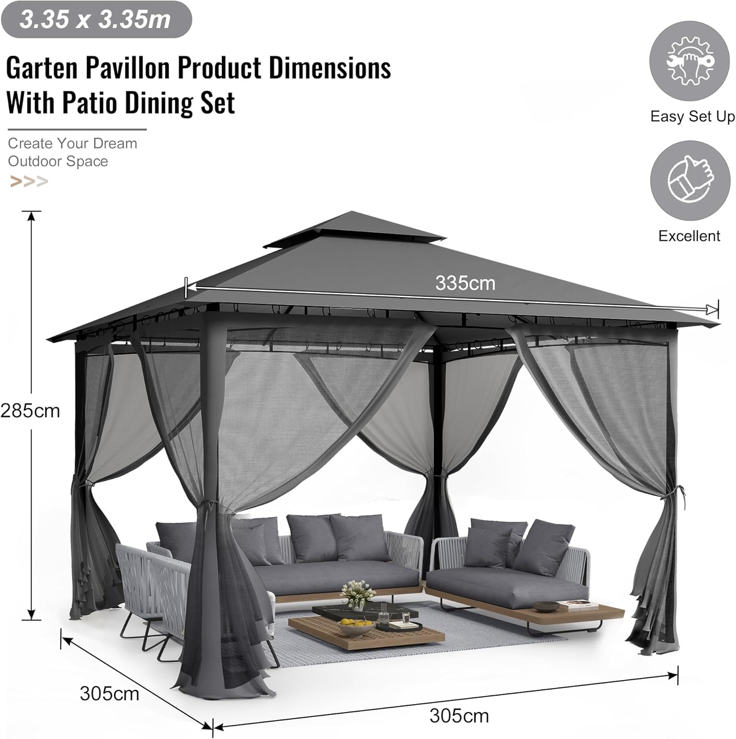 UDPATIO - Double Toit, 3.4x3.4m - Métallique, moustiquaire, gris
