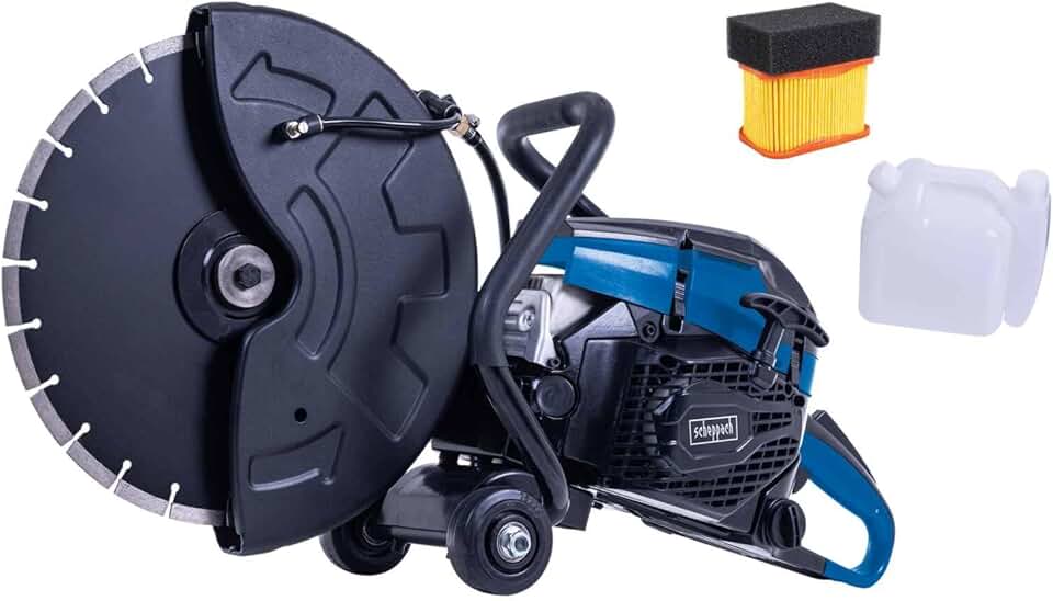 Scheppach Scie à béton PTS400 | 2900 W | Disque de coupe Ø350 mm | Profondeur de coupe 120 mm | Moteur 2 temps de 3,95 CV / 65 cm³ | EasyStart | Découpeuse thermique béton | Filtre de rechange inclus
