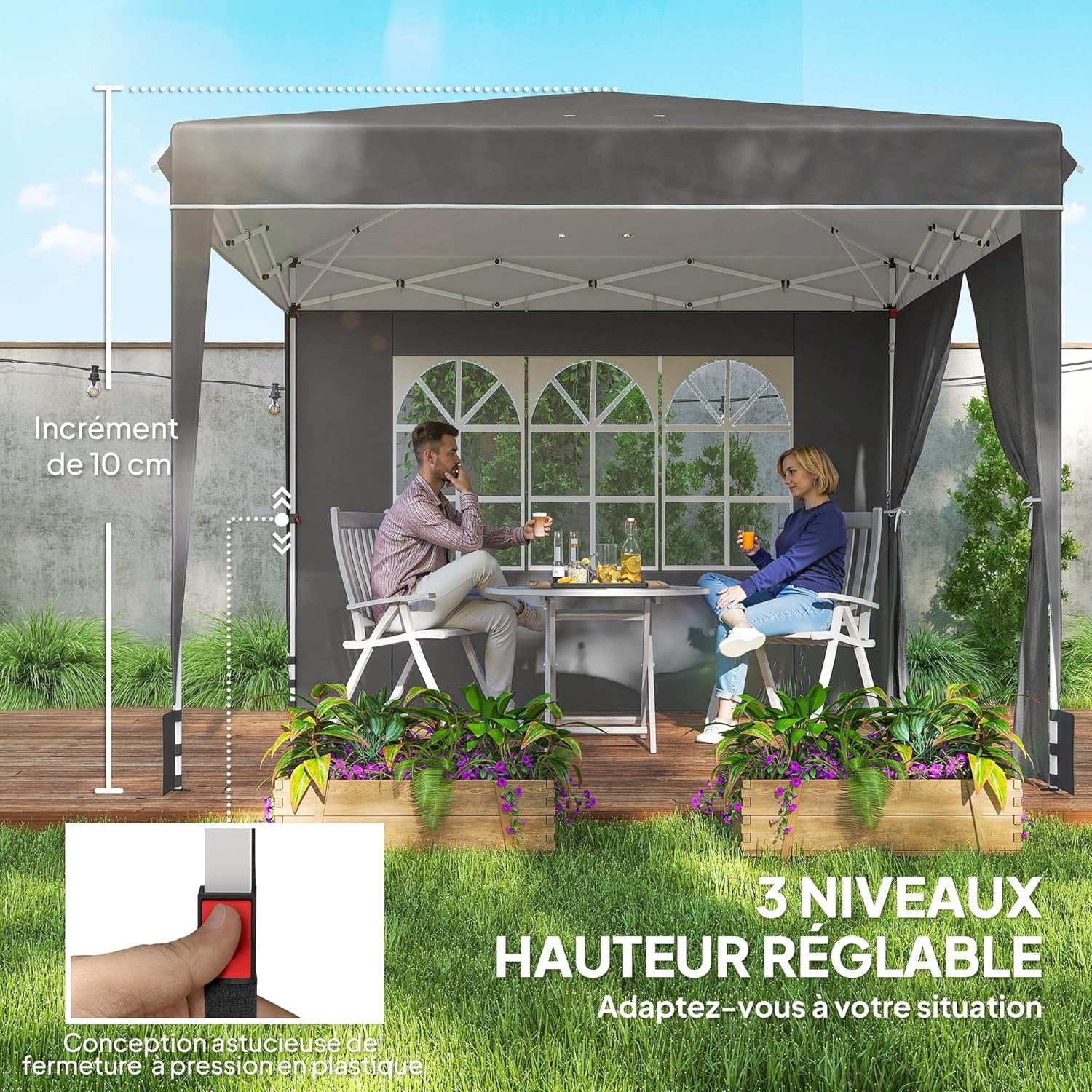 Outsunny - tonnelle pliante série jardin - 3x3m - parois latérales, UV 50+, hauteur réglable, fenêtre et porte