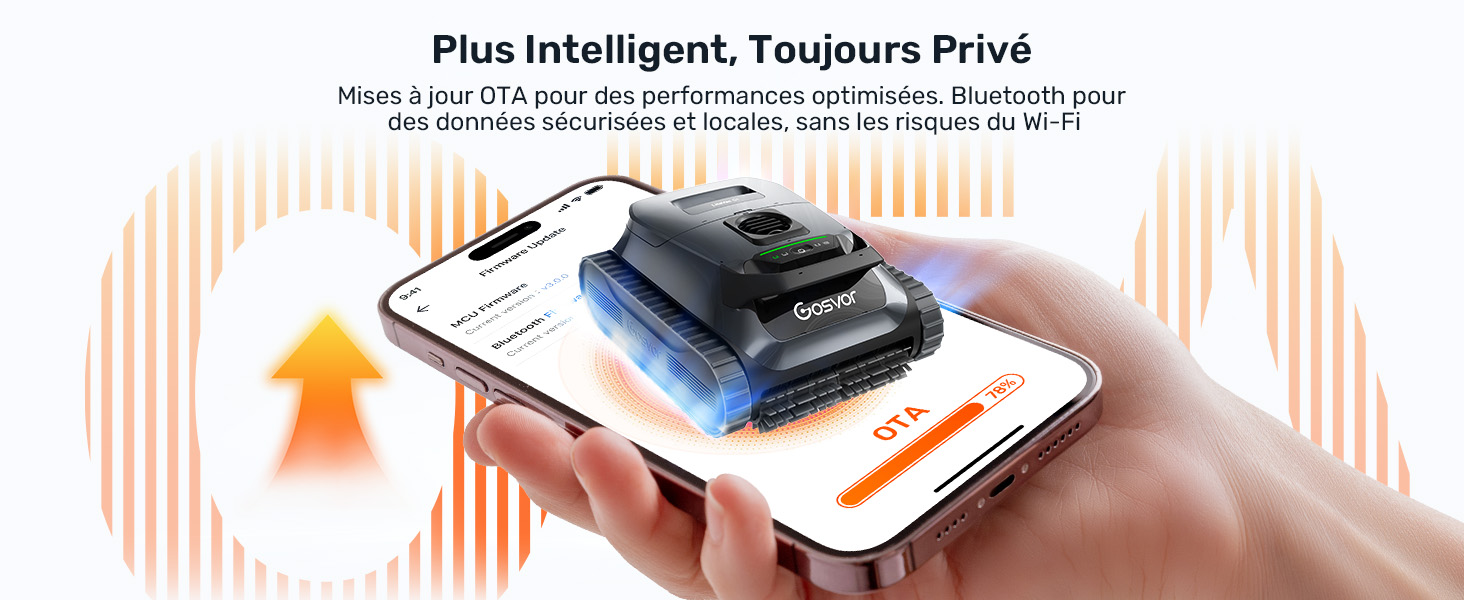 Le texte indique « Plus Intelligent, Toujours Price » [partiellement visible]. Illustration isométrique du smartphone à portée de main avec un appareil noir affiché à l'écran, des formes géométriques oranges flottant au-dessus.
