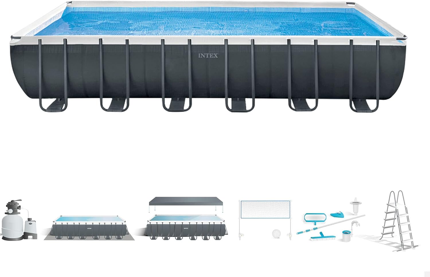 Intex 26368NP – Piscina Fuori Terra Ultra XTR Frame Rettangolare, Pompa Filtro 7900 L/h, Scaletta, Telo Base e Copertura, Kit Pulizia Deluxe e Set Volley, 31805 L, Acciaio e PVC, Grigio, 732x366x132cm