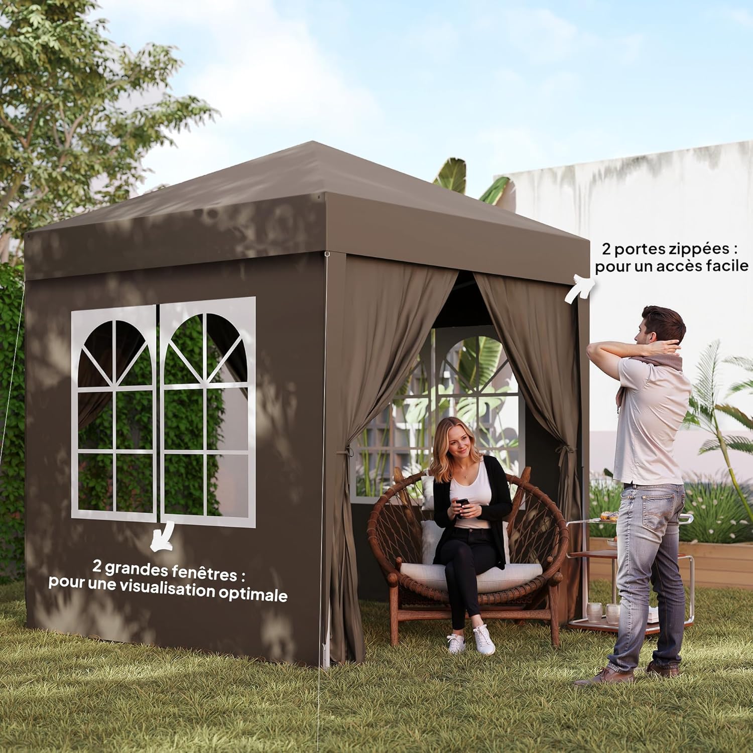 Outsunny - tonnelle pliante jardin 2x2m, hauteur réglable, 4 côtés, marron