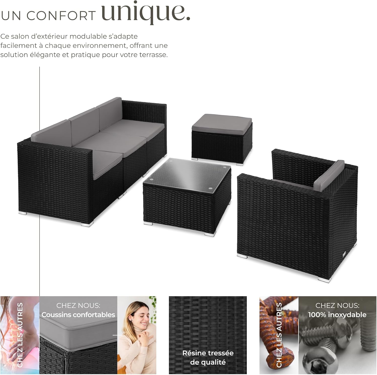 tectake - salon modulable 5 places poly rotin - coussins inclus - 4 fauteuils, 1 pouf, 1 table