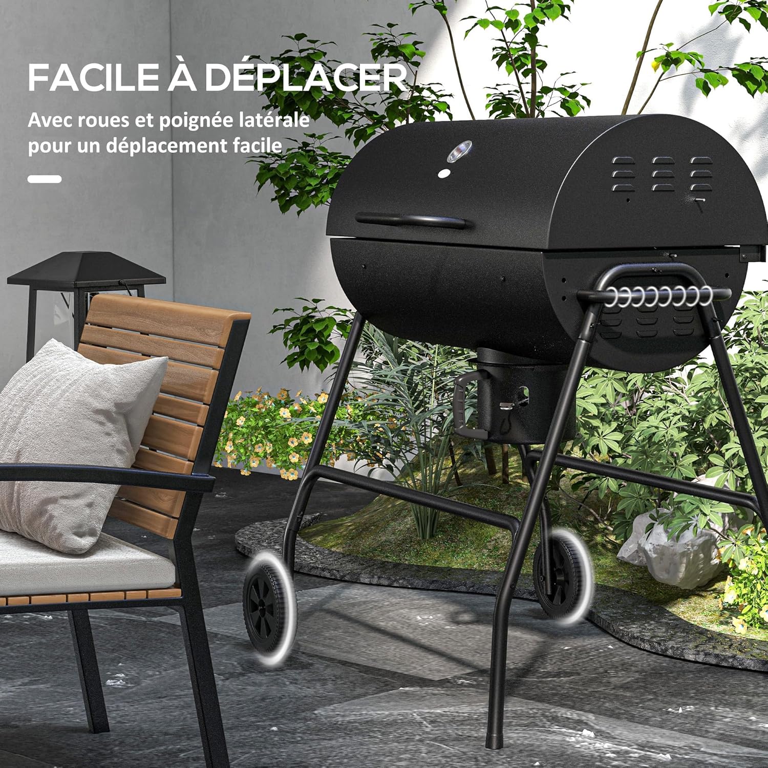 Outsunny - barbecue charbon de bois, 95x71,5x102cm, couvercle, thermomètre, roues