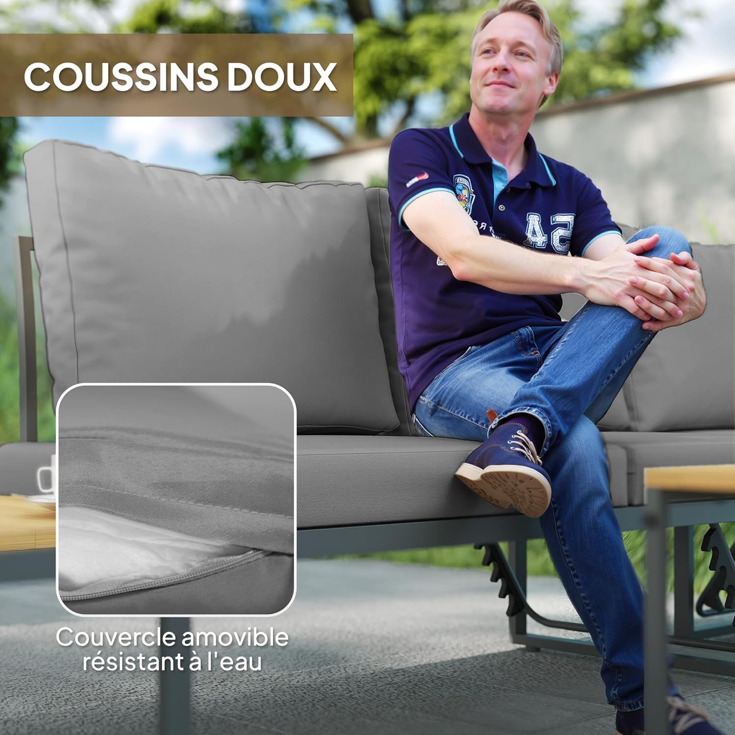 Outsunny - salon de jardin bois acacia 6 places modulable - coussins, dossier ajustable, gris