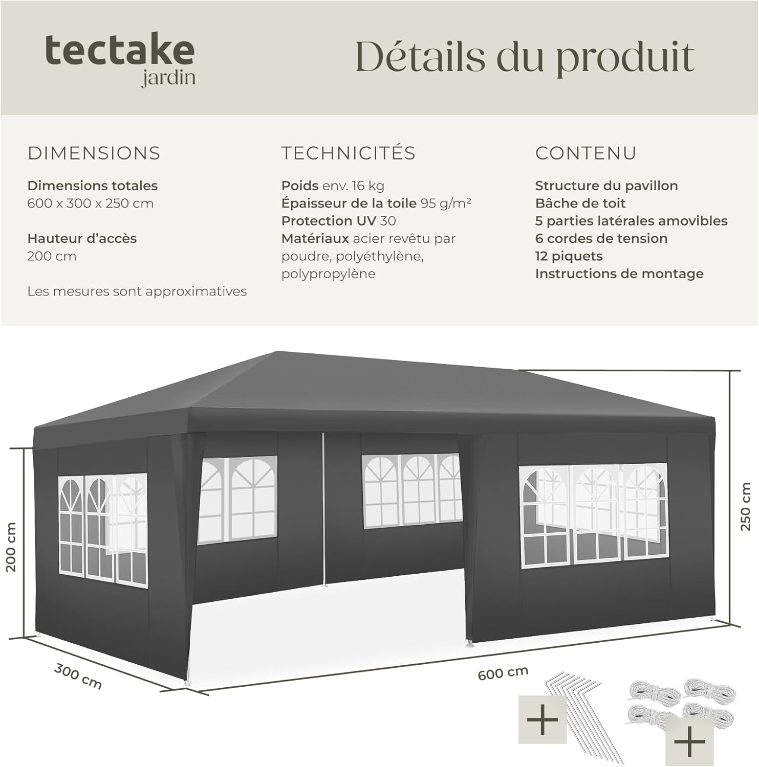 tectake® Tonnelle de Jardin Exterieur 6x3m Tente de Reception Protection UV 30+, Barnum Chapiteau Gazebo Pavillon de Jardin, résistant à l'eau avec Parois Amovibles, Cadre Robuste en Acier époxy