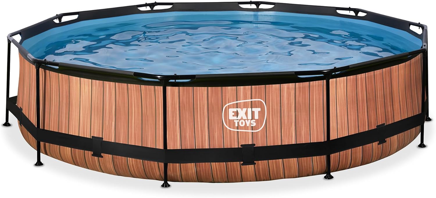 EXIT TOYS Piscine Tubulaire Wood - ø360x76cm - Piscine Hors Sol Ronde Grande avec Pompe Filtrante à Cartouche - Entrée Basse - Idéal pour Les Jeunes Enfants - Cadre Stable - Design Unique - Marron