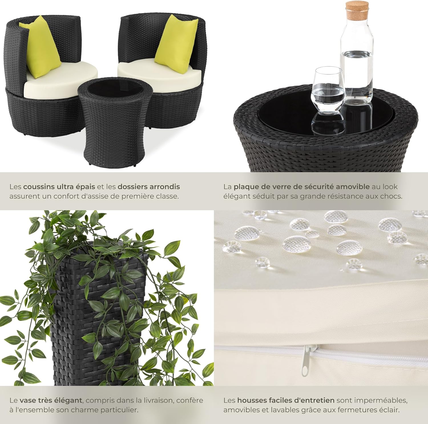 tectake - Salon de jardin 2 places - alu & rotin, table, coussins, pot