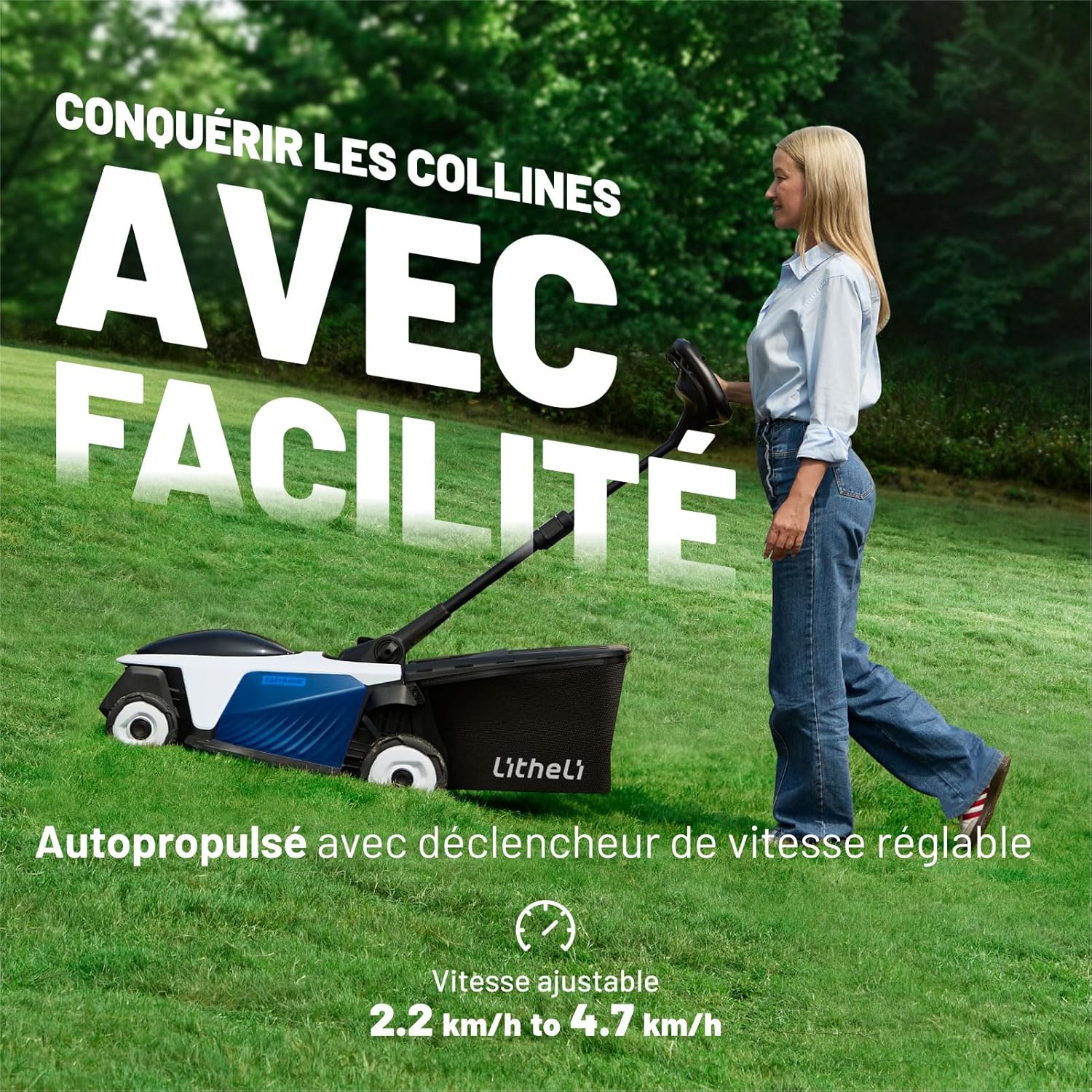 Litheli - Easysurge série - 43 cm - Autotractée, 2x20V batteries, 50L bac, réglable, pour pelouses jusqu’à 500m²