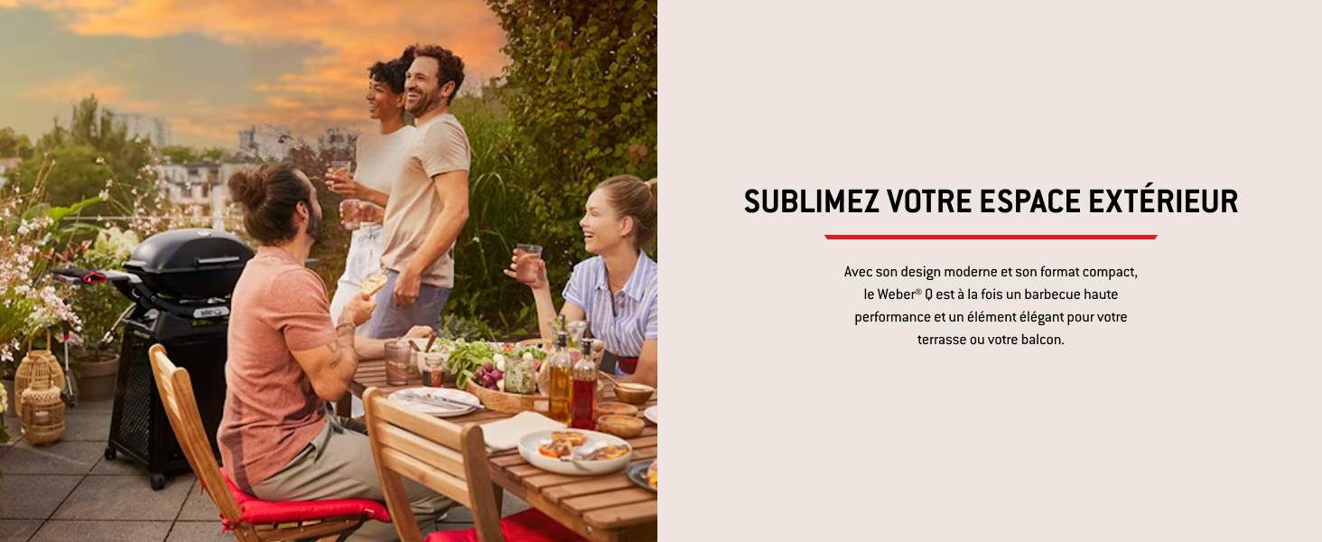 Le texte se lit comme suit : « SUBLIMEZ VOTRE ESPACE EXTÉRIEUR ». Images de style de vie en plein air montrant des personnes appréciant les meubles de patio et les repas en plein air.