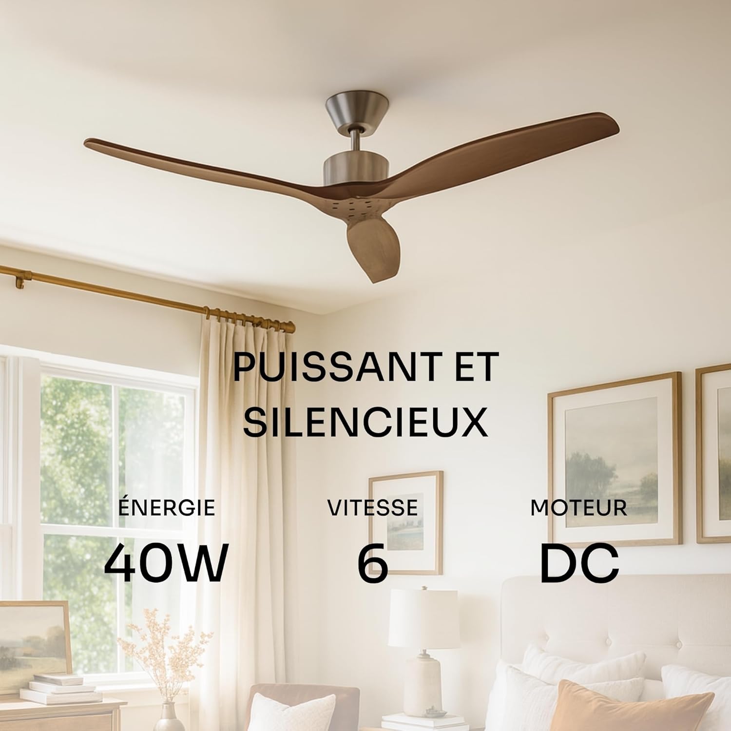 Mellerware - Ventilateur de plafond avec télécommande Brizy! 45W | Puissant | Ultra silencieux | 3 lames | Diamètre 132cm | 6 vitesses | Refroidissement + LED intégrée | Bois foncé