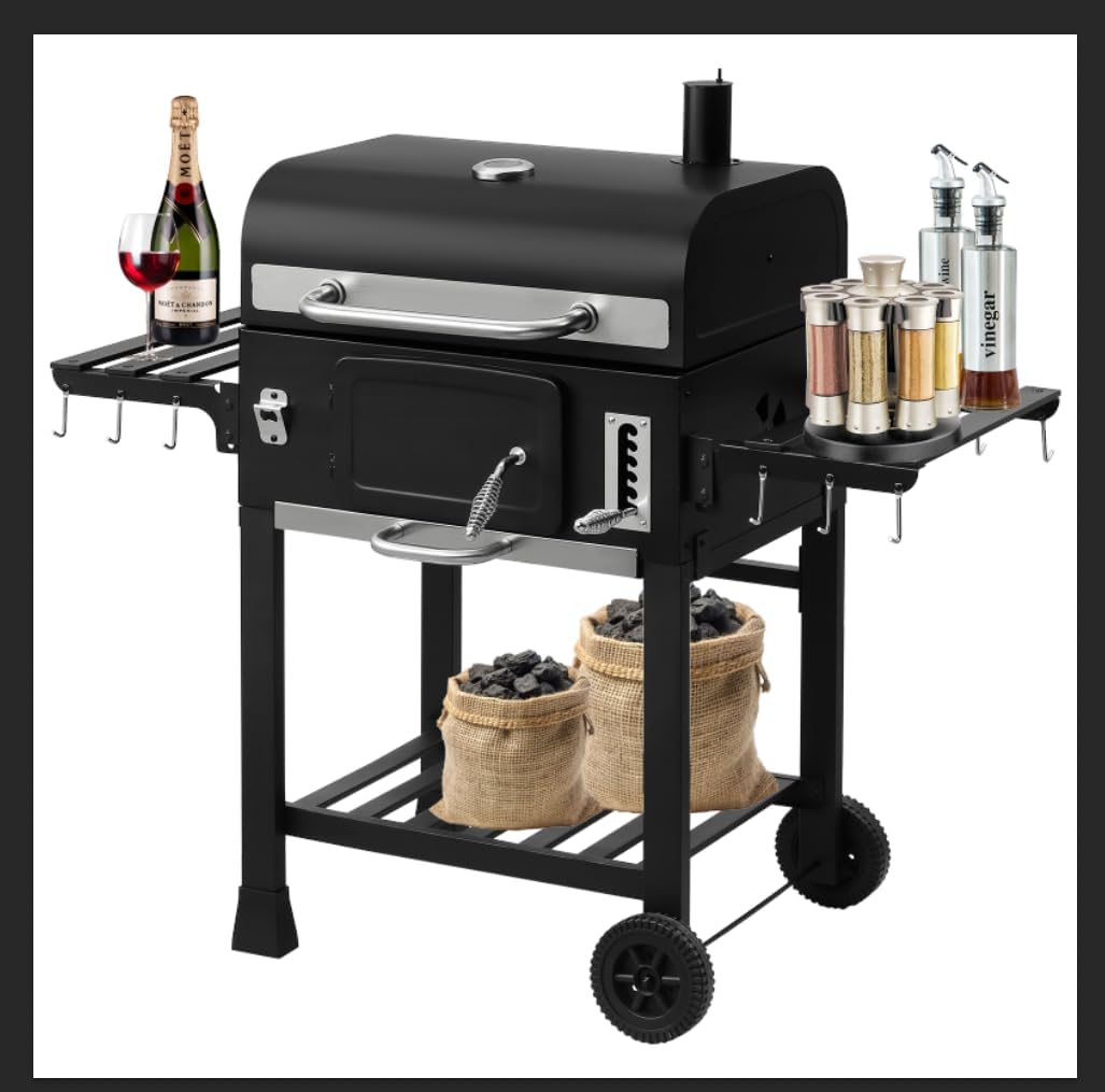 TEENO - Chariot XXL barbecue charbon, couvercle, thermomètre, gants, fumoir