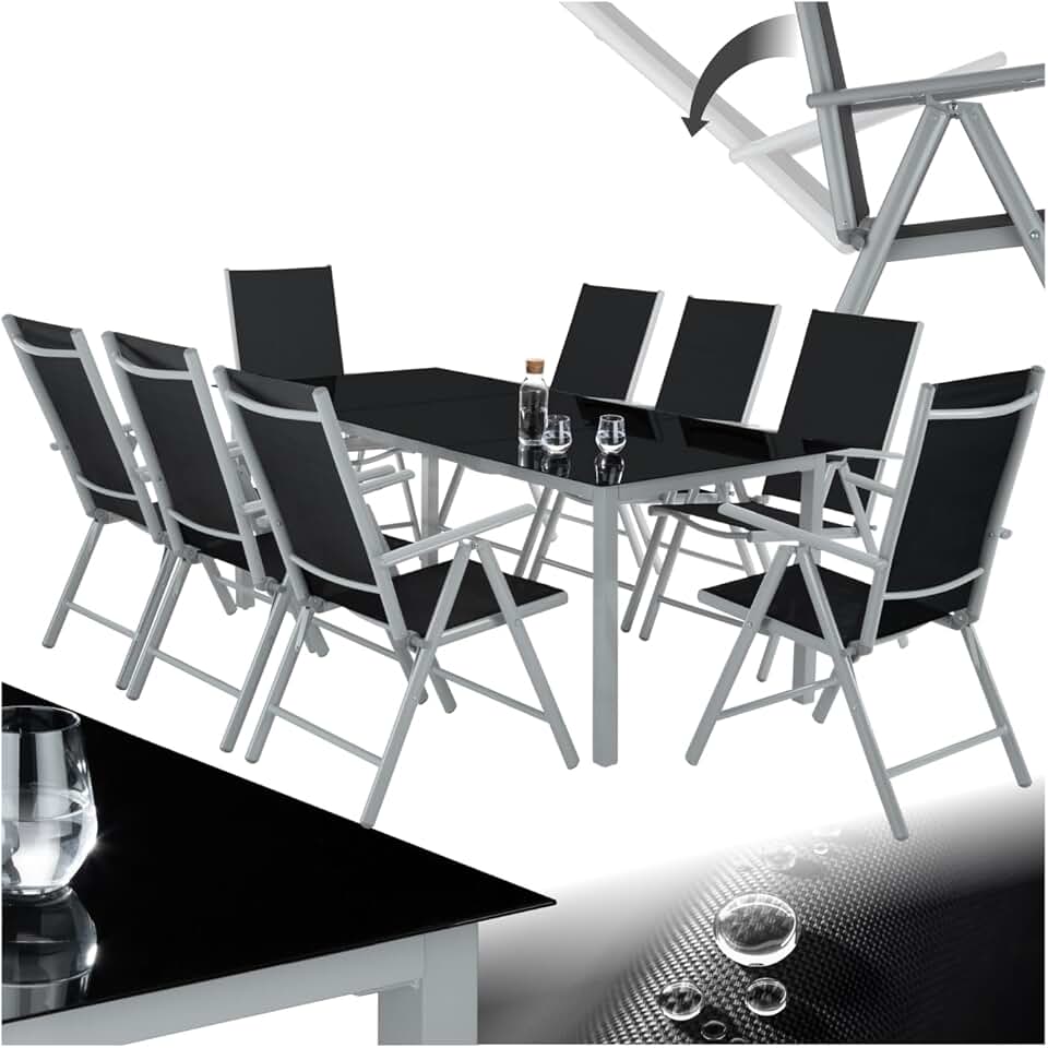 tectake - Salon de Jardin 8 Fauteuils Pliables Aluminium, Table, Facile entretien