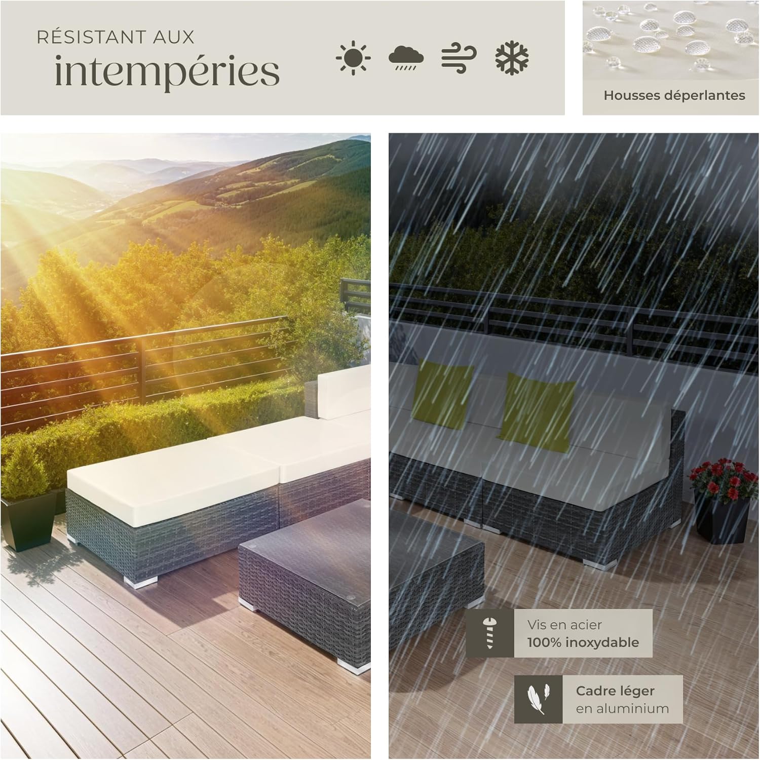 tectake - Salon de jardin XXL modulable 5 places avec table, poly rotin