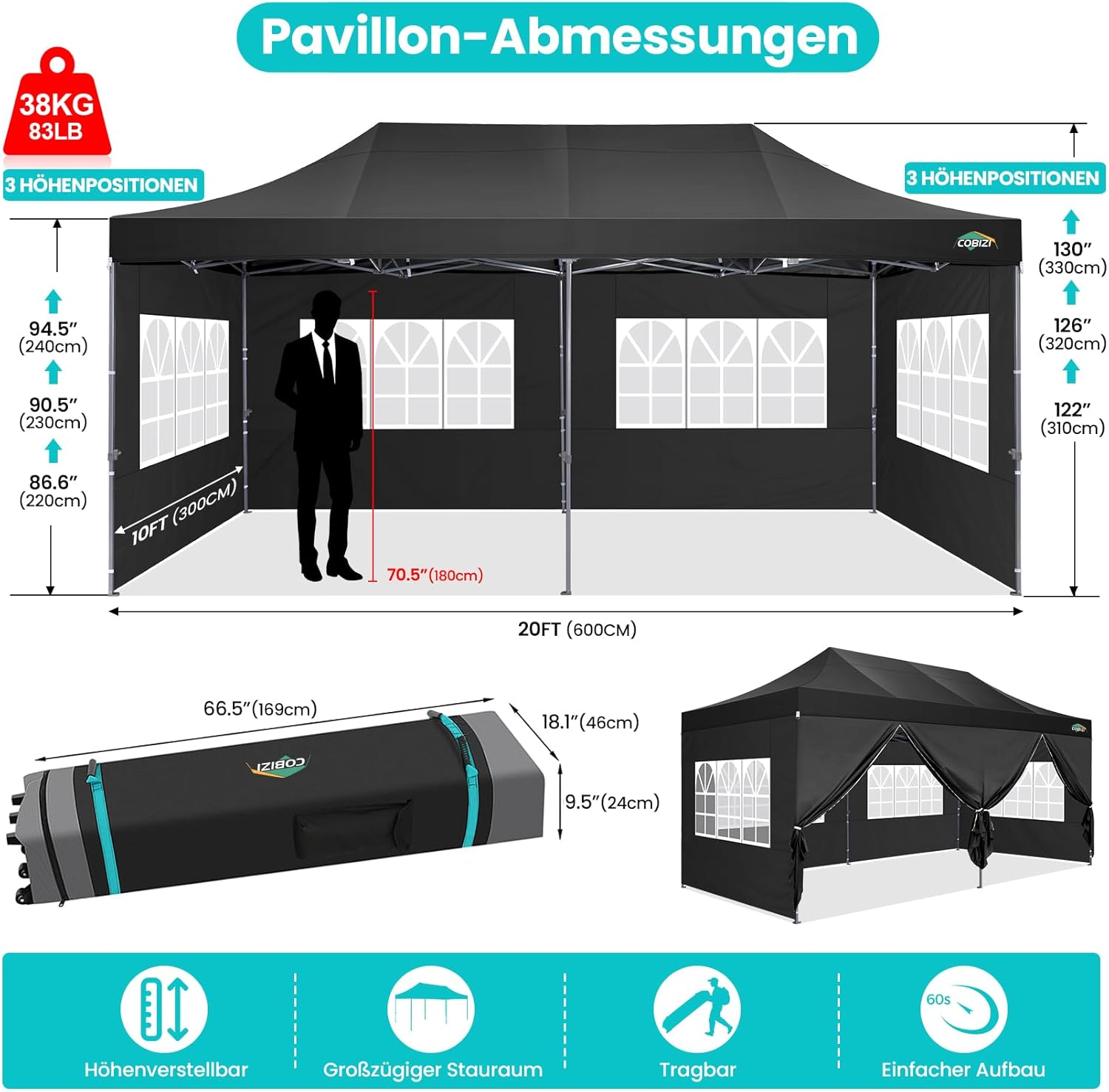COBIZI - Tente de Réception 3x6m - imperméable, 6 parois, 3 hauteurs, sac roulette