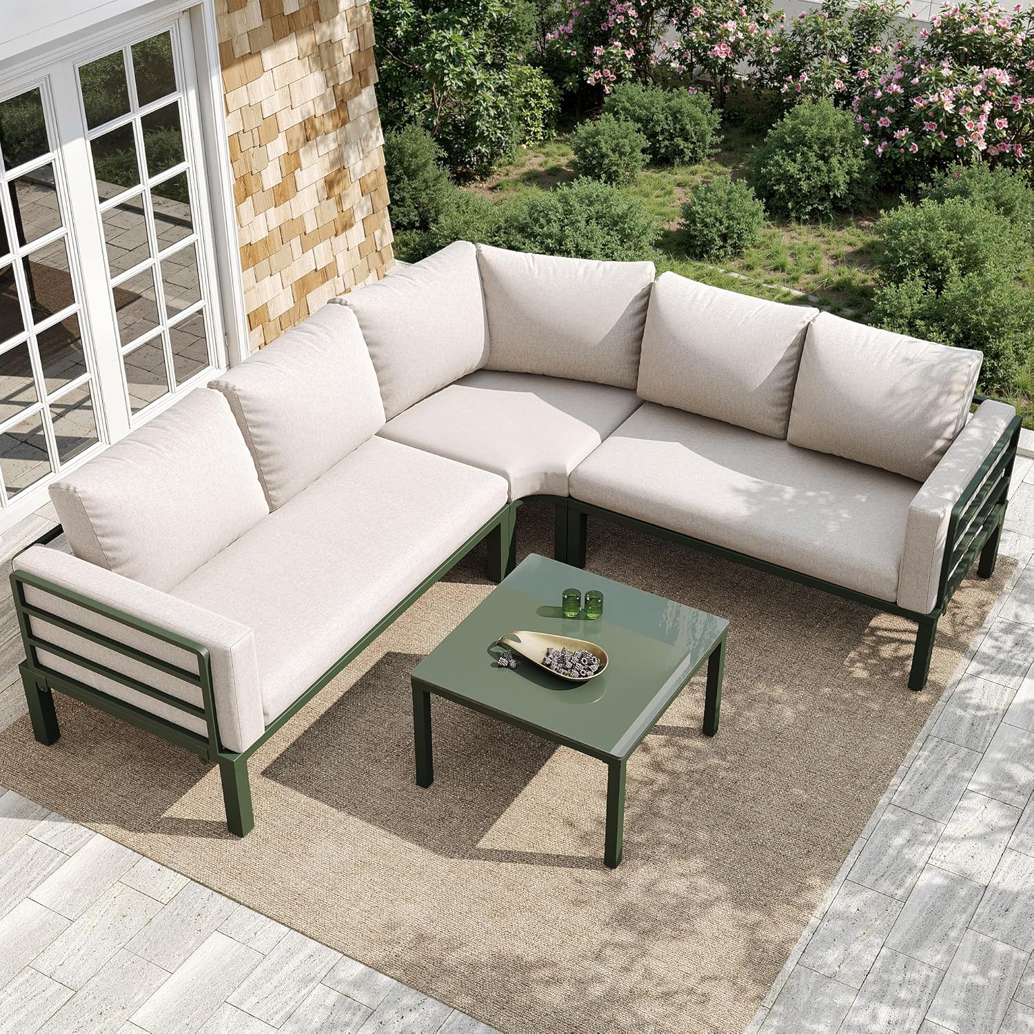 Sapgaks - Salon de jardin D-Beige, fer galvanisé, 4-5 pers., coussins