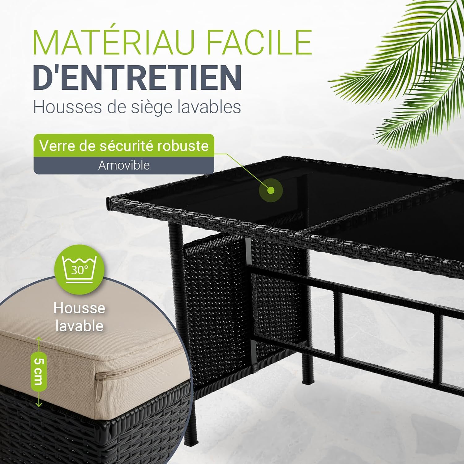 Juskys - Salon Manacor - 7 places, polyrotin noir, coussins crème