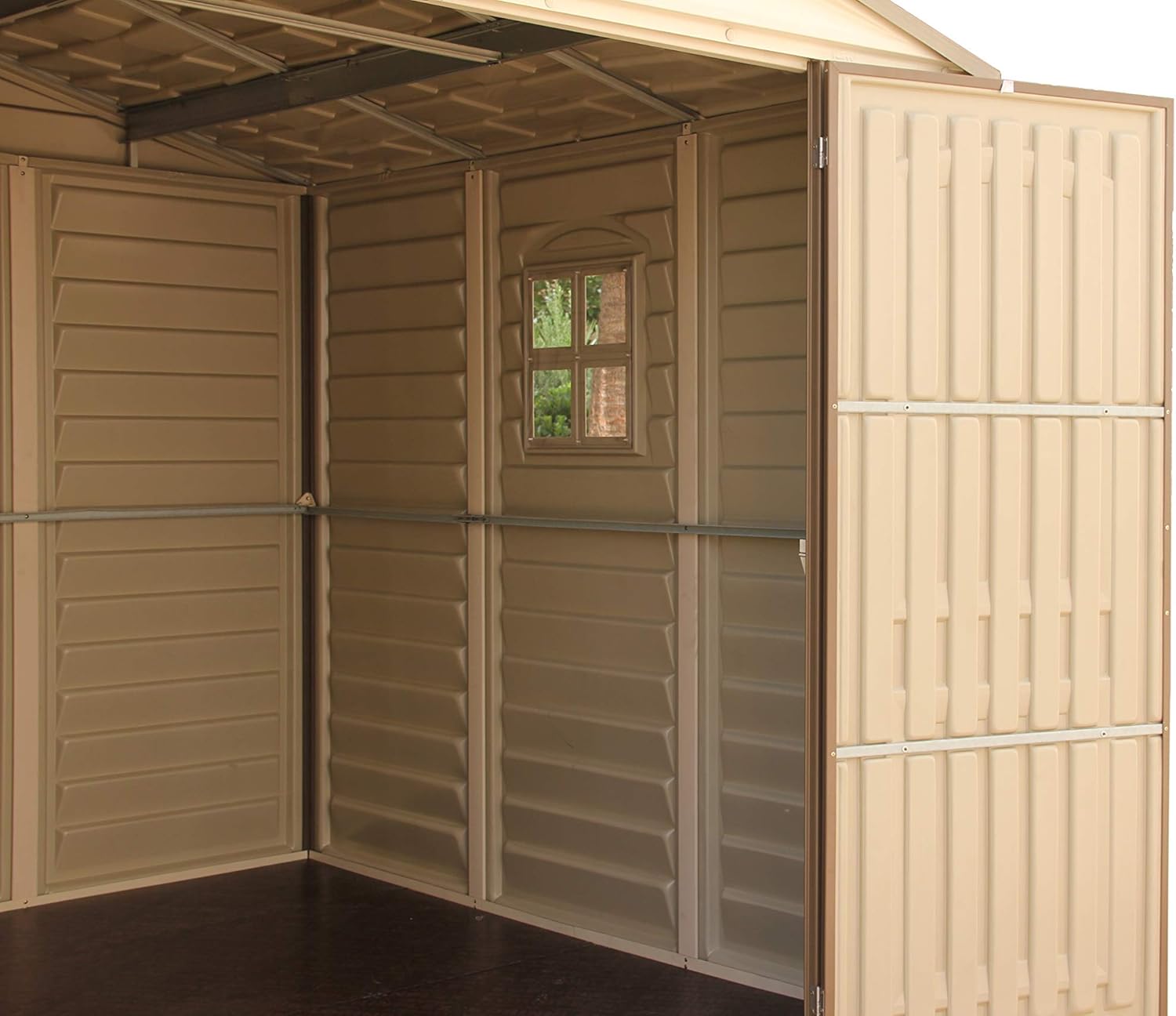 Duramax WoodSide 10 x 8 (7.64 m²) Abri de jardin en plastique avec 3 fenêtres fixes et kit de fondation en métal, structure de toit en métal robuste, ignifuge et sans entretien - Ivory/Brown