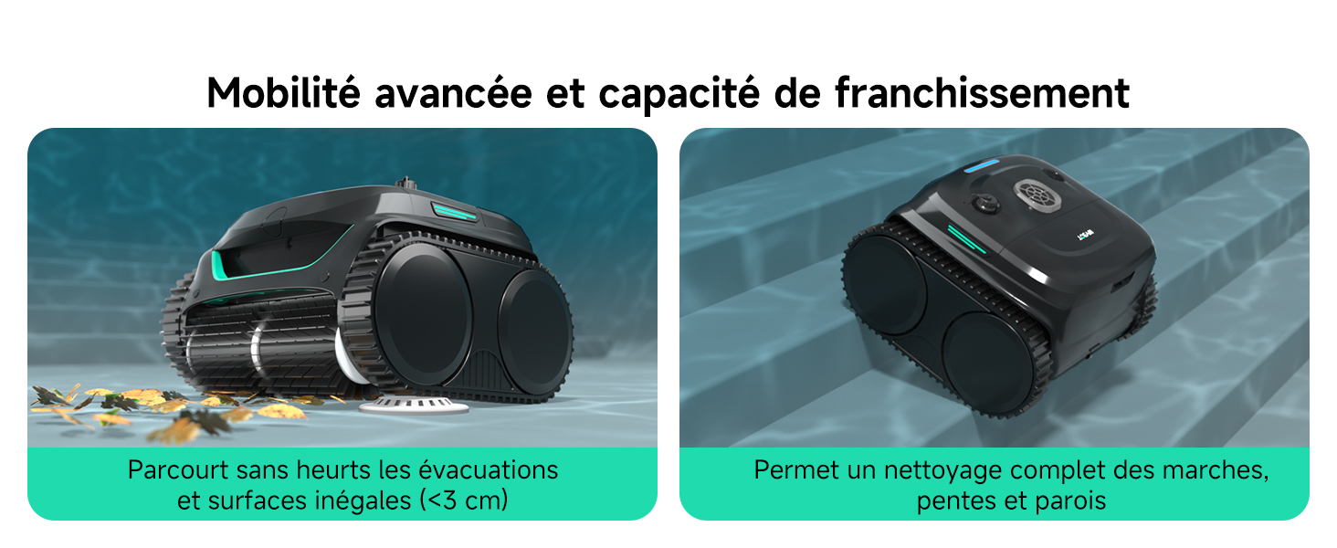 Le texte se lit comme suit : « Mobilité avancée et capacité de franchissement ». Deux unités de stockage d'énergie portables noires illustrées avec des légendes indiquant des fonctionnalités avancées de mobilité et de traversabilité sur fond turquoise et gris.