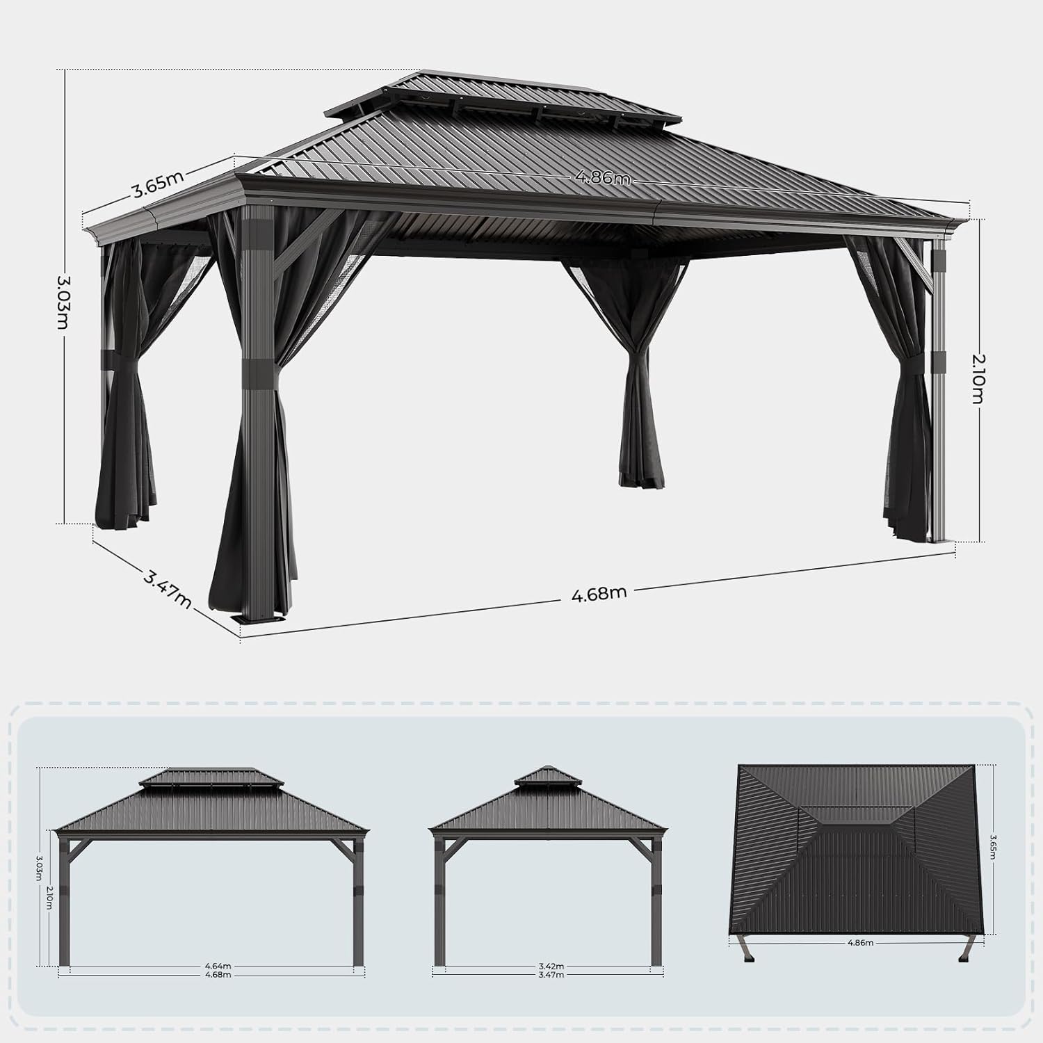 JUMMICO - Hardtop Pavillon - 3,65x4,85m - Étanche, double toit, stores, moustiquaires
