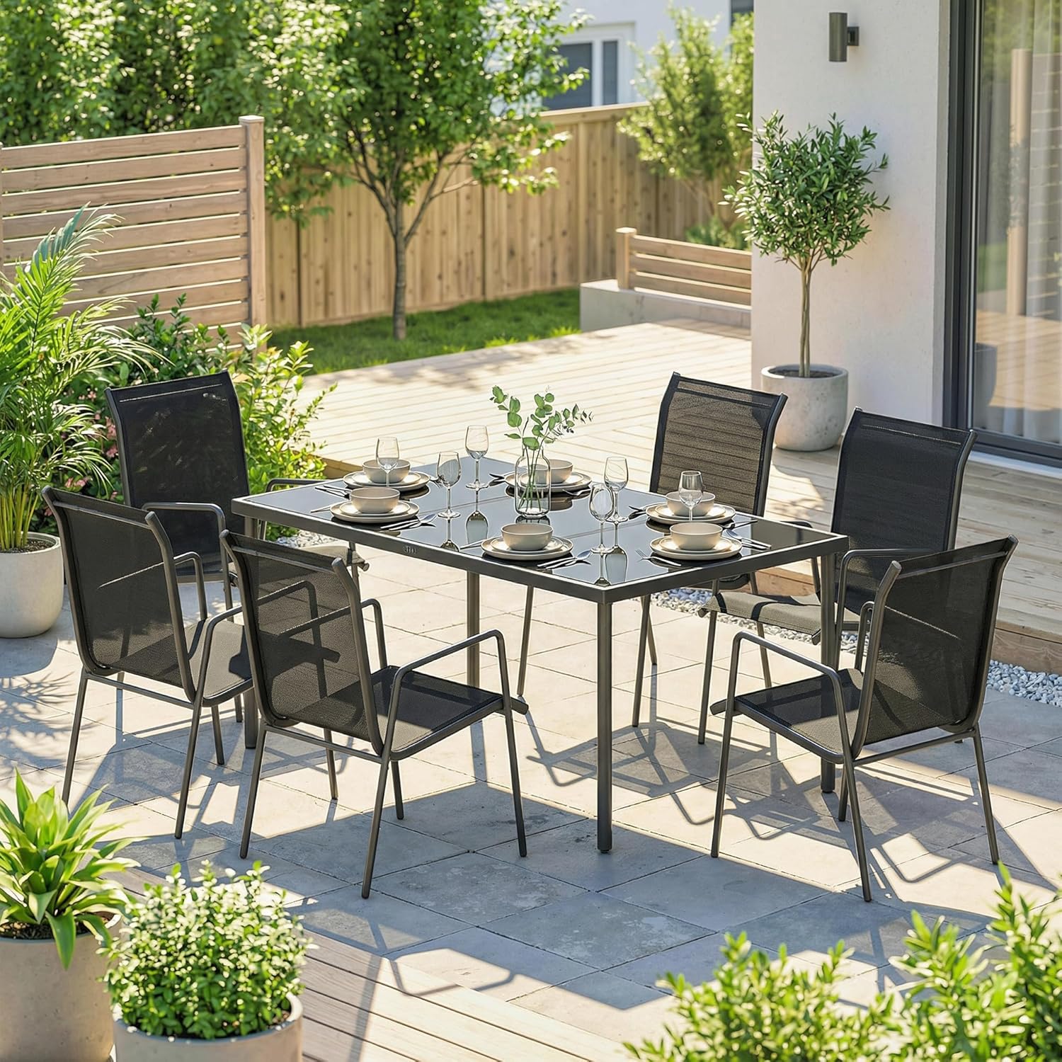Outsunny - salon de jardin 6 places - table verre trempé, chaises empilables, textilène, noir