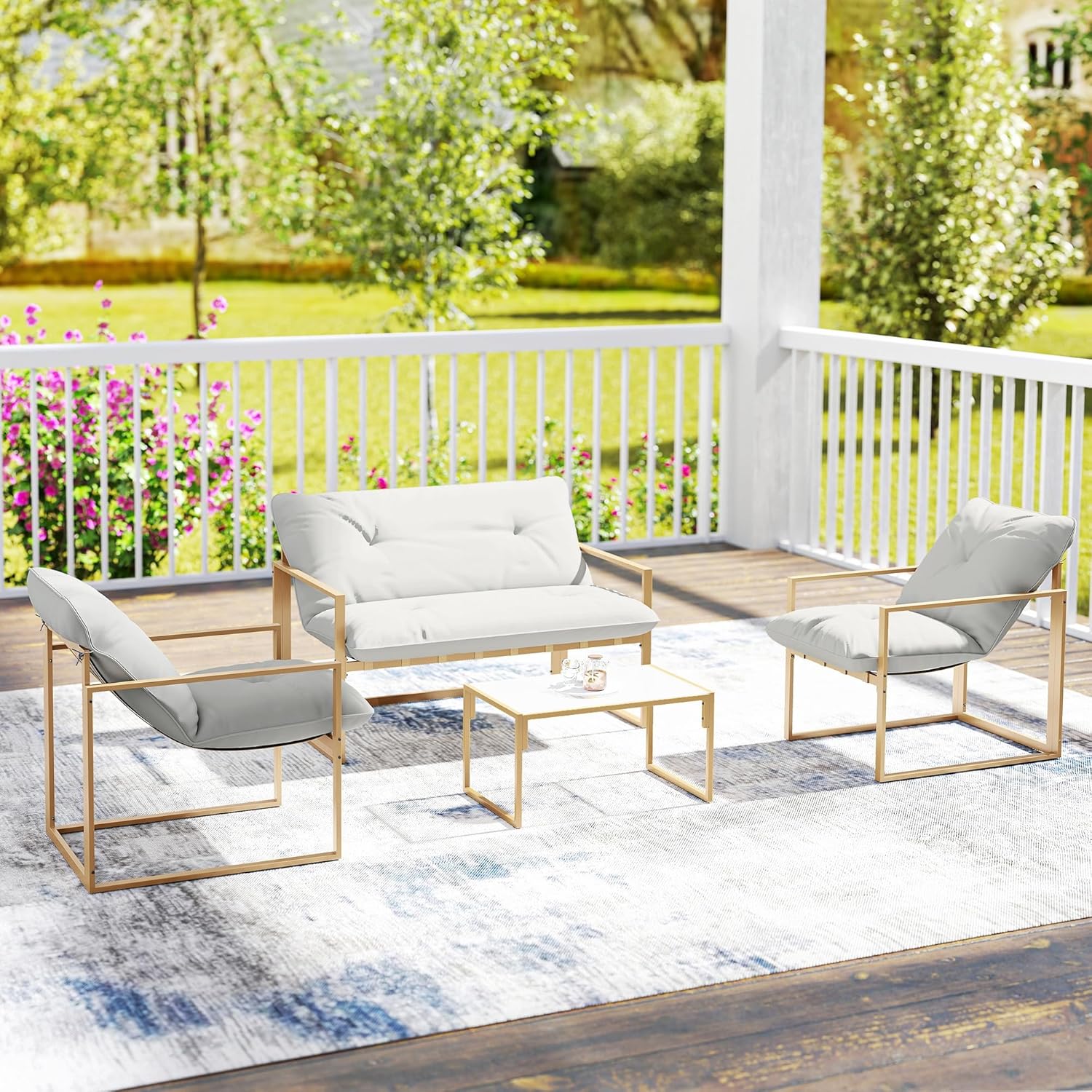 Outsunny - Salon de jardin 4 pcs - cadre acier, coussins 15cm épais