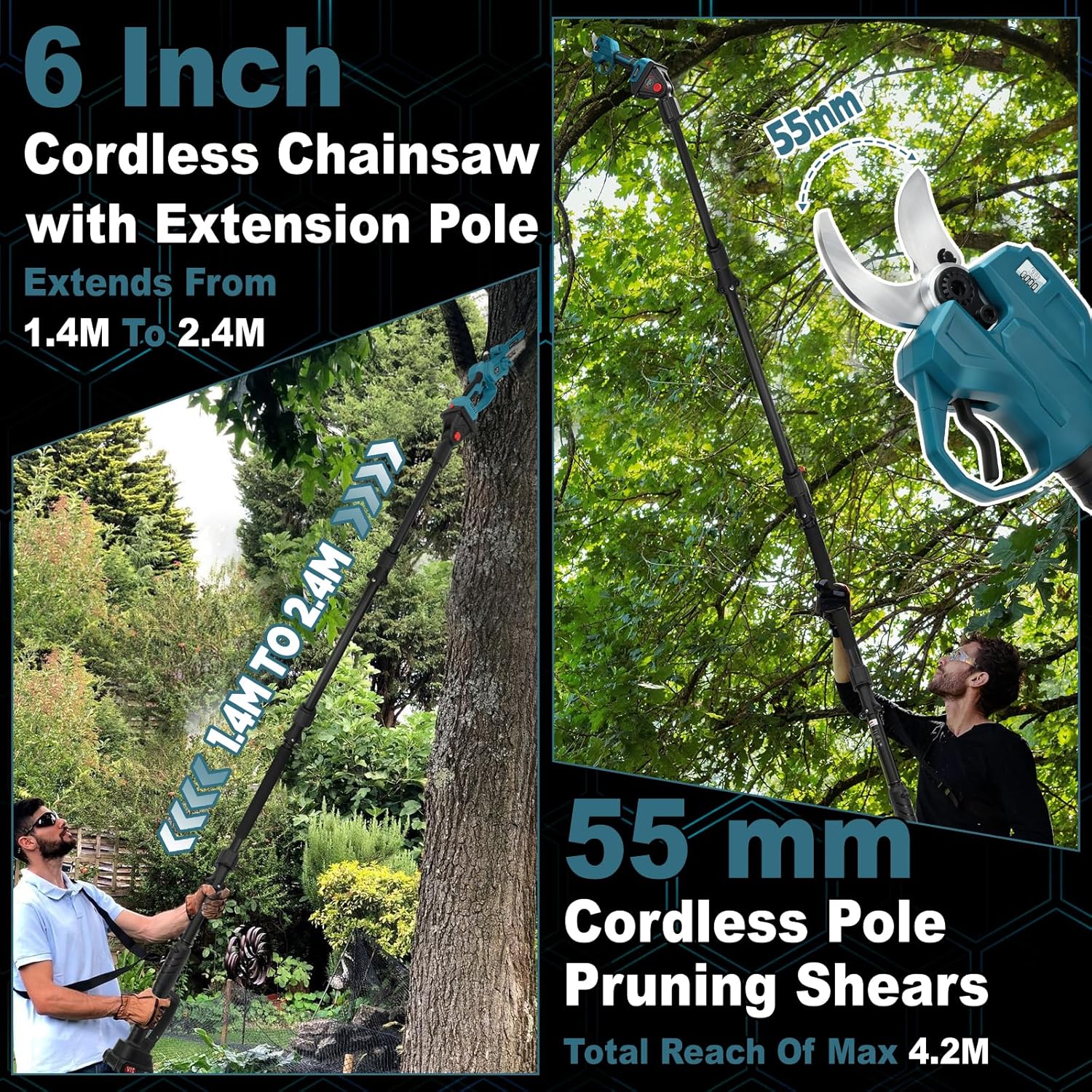 panthem - Mini tronçonneuse 4 en 1, 4,1 m portée, 2x4Ah, moteur brushless, pour Makita 18V