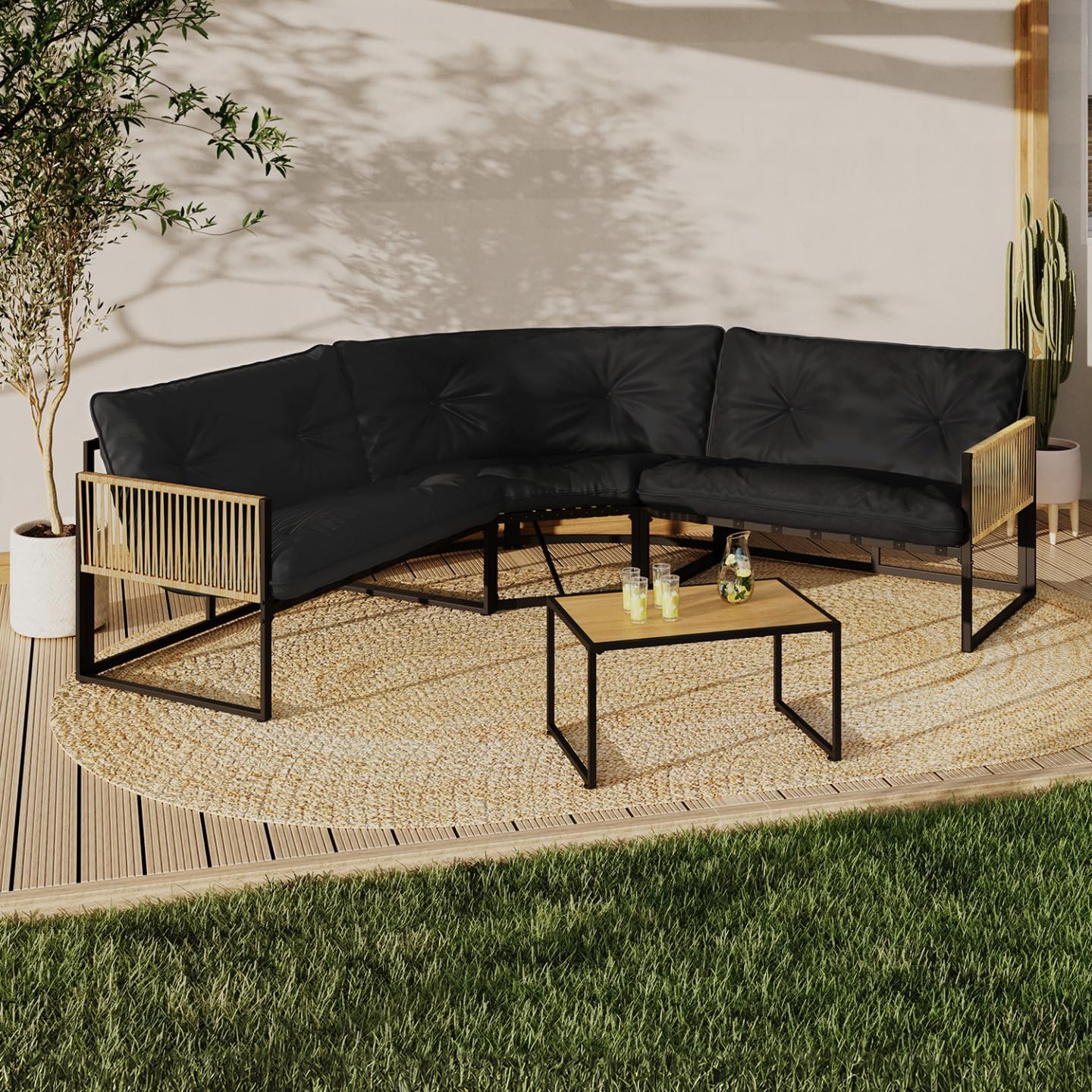 IDMarket - salon de jardin bas Rio - 6 places angle - métal et cordage rotin, coussins noirs