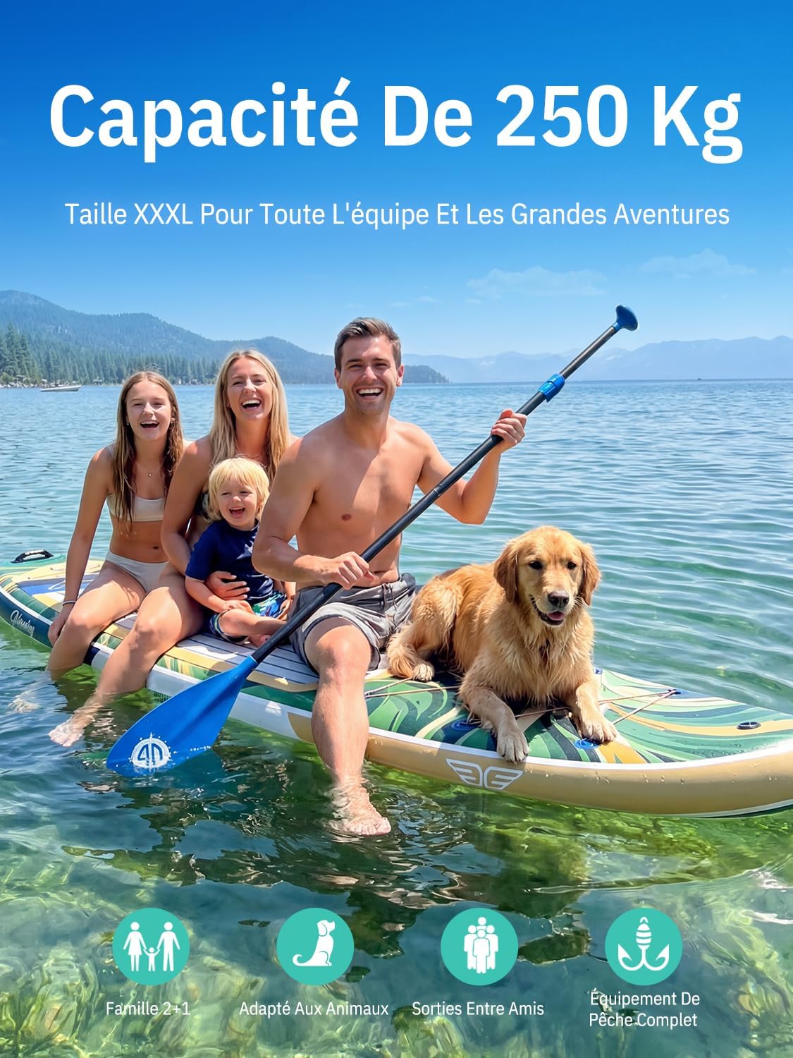 Niphean Extra Large Paddle Gonflable, Sup à 2+1 Personnes/Famille, Planches de Stand Up Paddle Gonflables avec (Idéal Débutant) Aileron Équilibré, Housse Étanche, Paddle Gonflable Adulte, Cadeaux