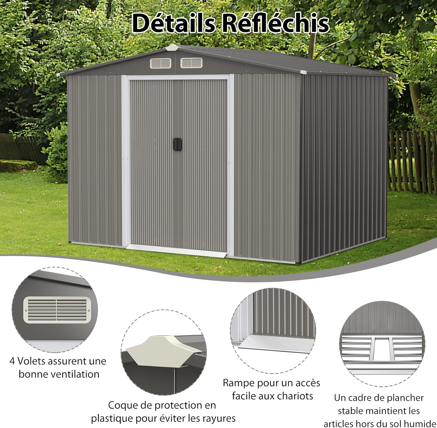 GOPLUS 4,74㎡ Abri de Jardin Métal Galvanisé avec Base, Cabine de Jardin Extérieur Porte Coulissante, Résistant aux Intempéries, Cabane de Rangement à Outils 8,59m³, 260 x 207 x 181cm, Toit Gris Foncé