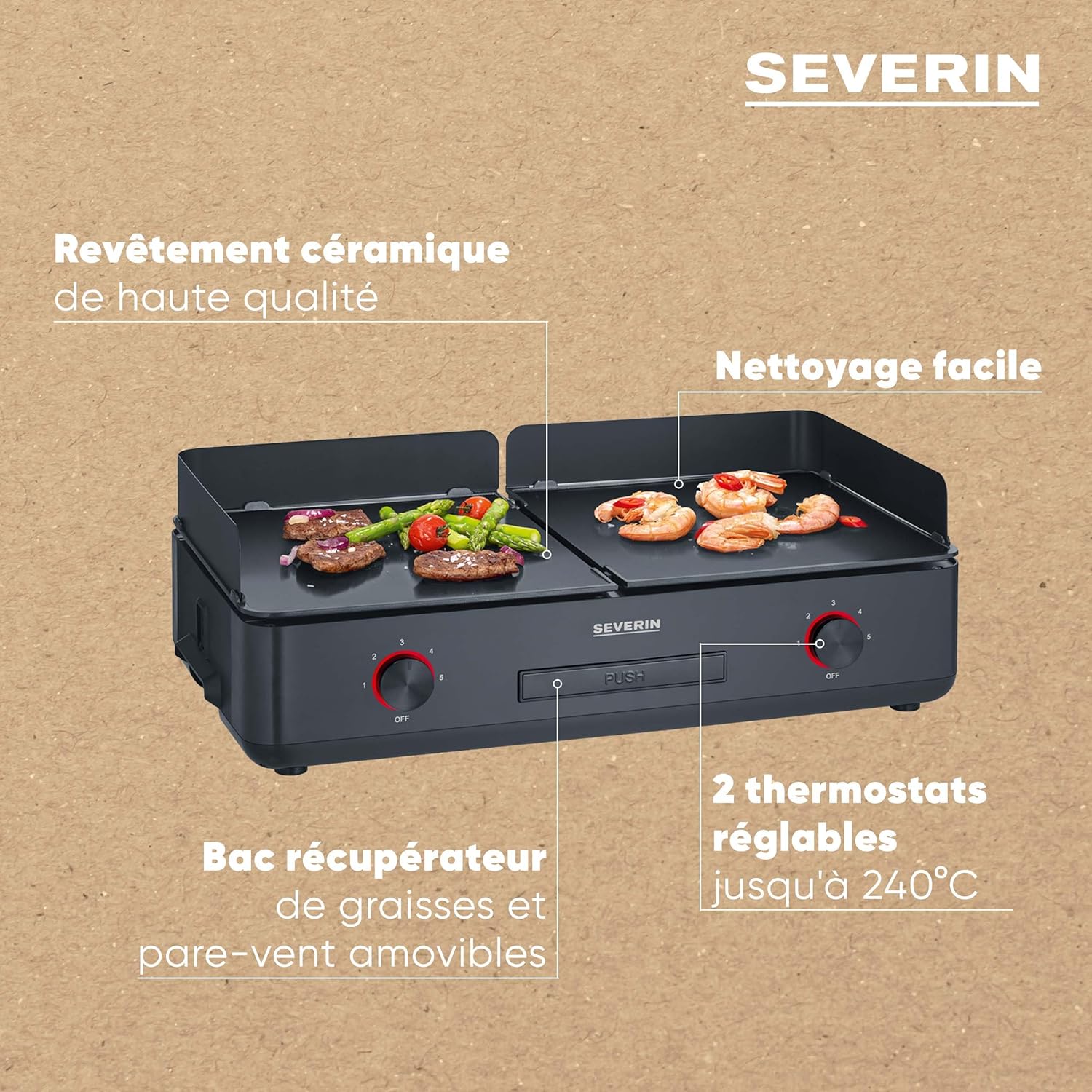SEVERIN - plancha électrique réglable 240°C, 2200W, surface céramique, PG 8569
