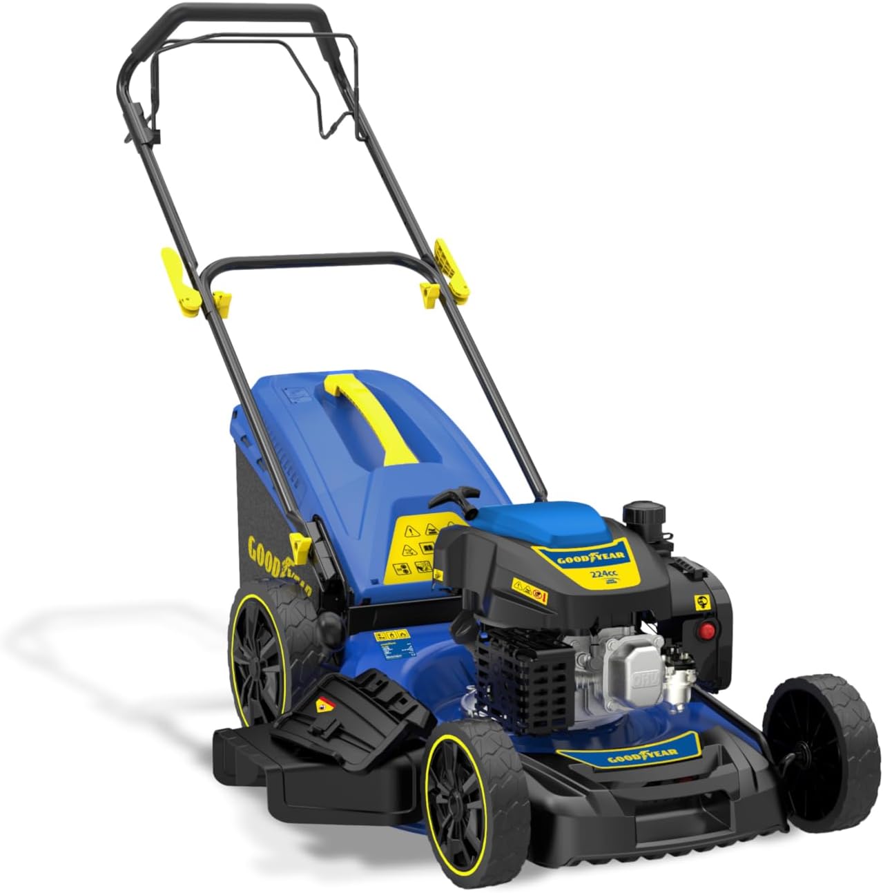 Goodyear - Tondeuse Gazon Essence 224cc 4 Temps, Coupe 56cm Autotractée, Châssis Acier, Fonction Mulching, Éjection Latérale et 7 Hauteurs de Coupe