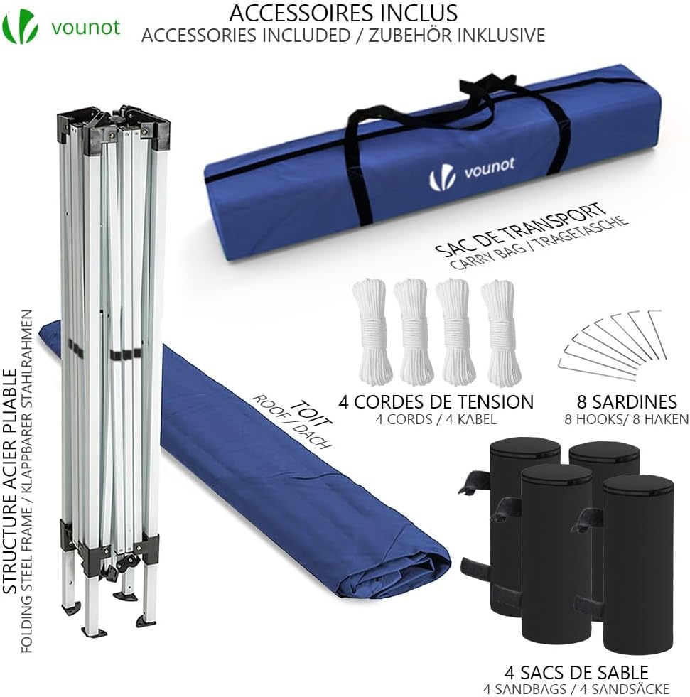 VOUNOT - tonnelle pliante série jardin 3x3m, installation rapide, auvent, sac transport et sacs sable inclus