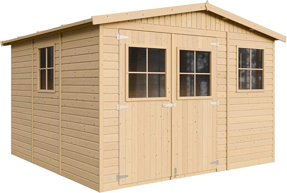 Abri de Jardin en Bois Naturel - Stockage extérieur avec fenêtres- H226x316x324 cm/9 m² Hangar en Bois Naturel - Atelier Rangement Outils et vélos- TIMBELA M335