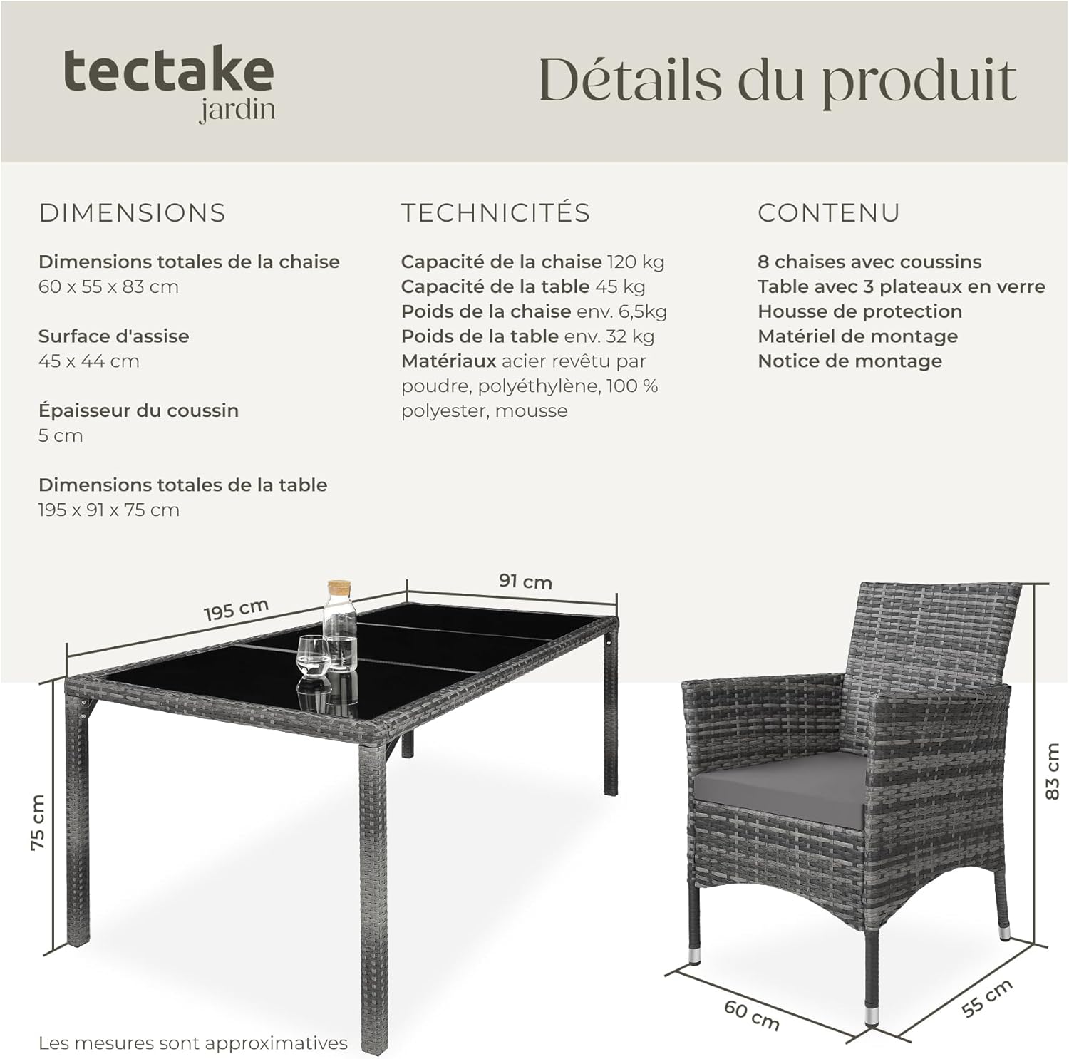 tectake - Salon de Jardin Poly Rotin 8 fauteuils, housse protection, dimensions généreuses, gris tacheté -