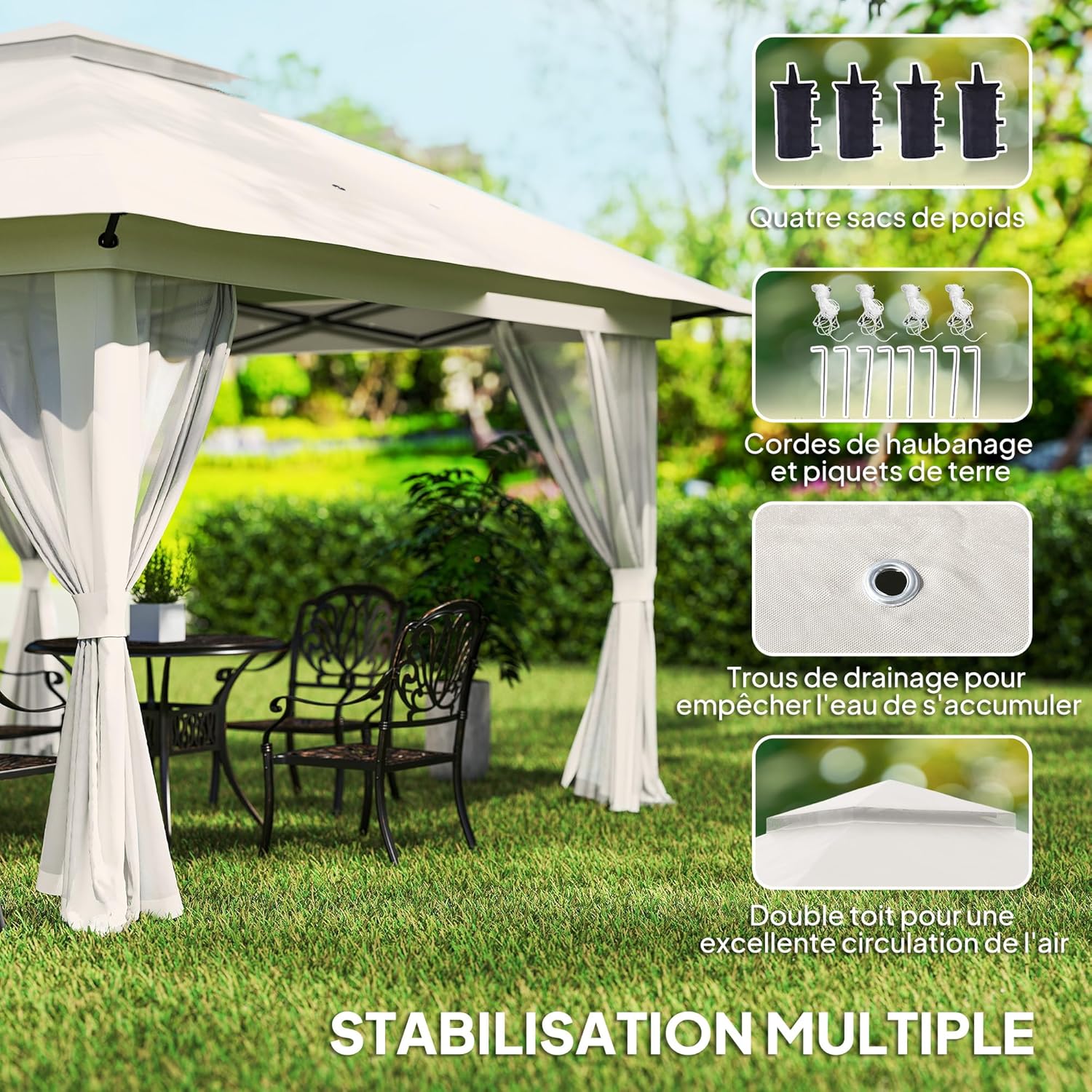 Outsunny - Tonnelle de Jardin Pop-up – 4x4m, UV 50+, double toit, moustiquaires, sac de sable, transport - BARNUM-4x4-UV