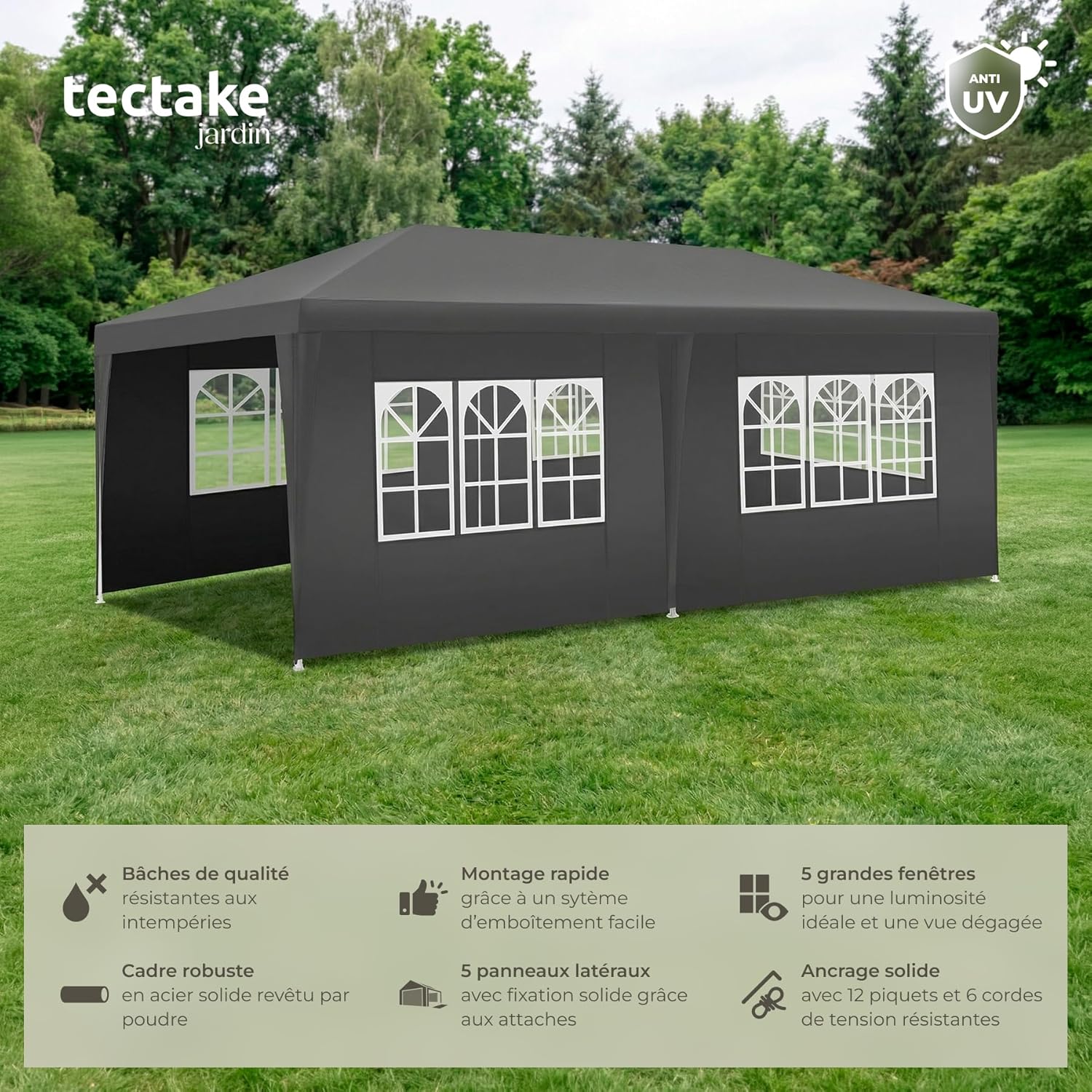 tectake® Tonnelle de Jardin Exterieur 6x3m Tente de Reception Protection UV 30+, Barnum Chapiteau Gazebo Pavillon de Jardin, résistant à l'eau avec Parois Amovibles, Cadre Robuste en Acier époxy
